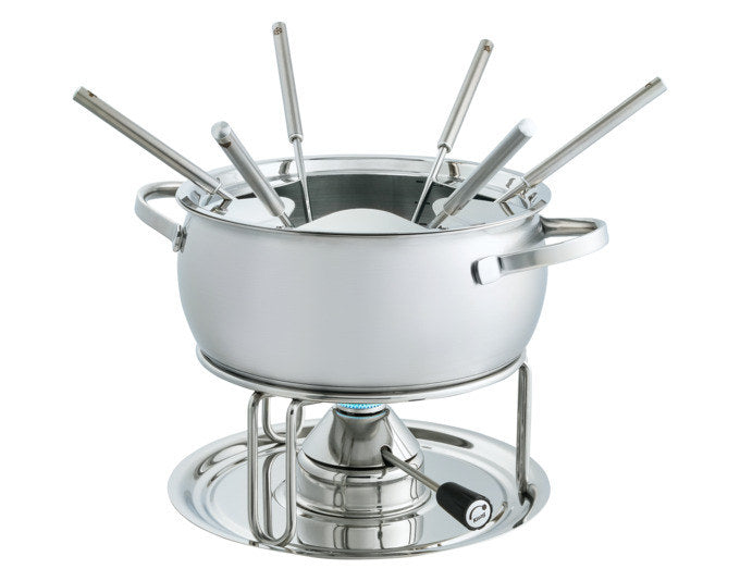 Fondueset KISAG Fondue Set Chinoise mit Edelstahltopf, Rechaud, Sicherheitsgasbrenner und sechs 2in1-Fonduegabeln in Chrom-Silber.