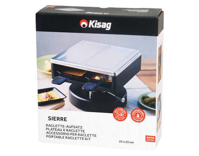 Raclette-Aufsatz SIERRE von KISAG aus Aluminium-Druckguss mit Edelstahldeckel, inklusive vier Pfännchen und Spachteln, Farben Schwarz und Silber.
