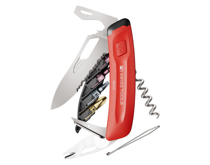 Rotes Taschenmesser NexusXplore von PB Swiss Tools mit mehreren Werkzeugen im Griff