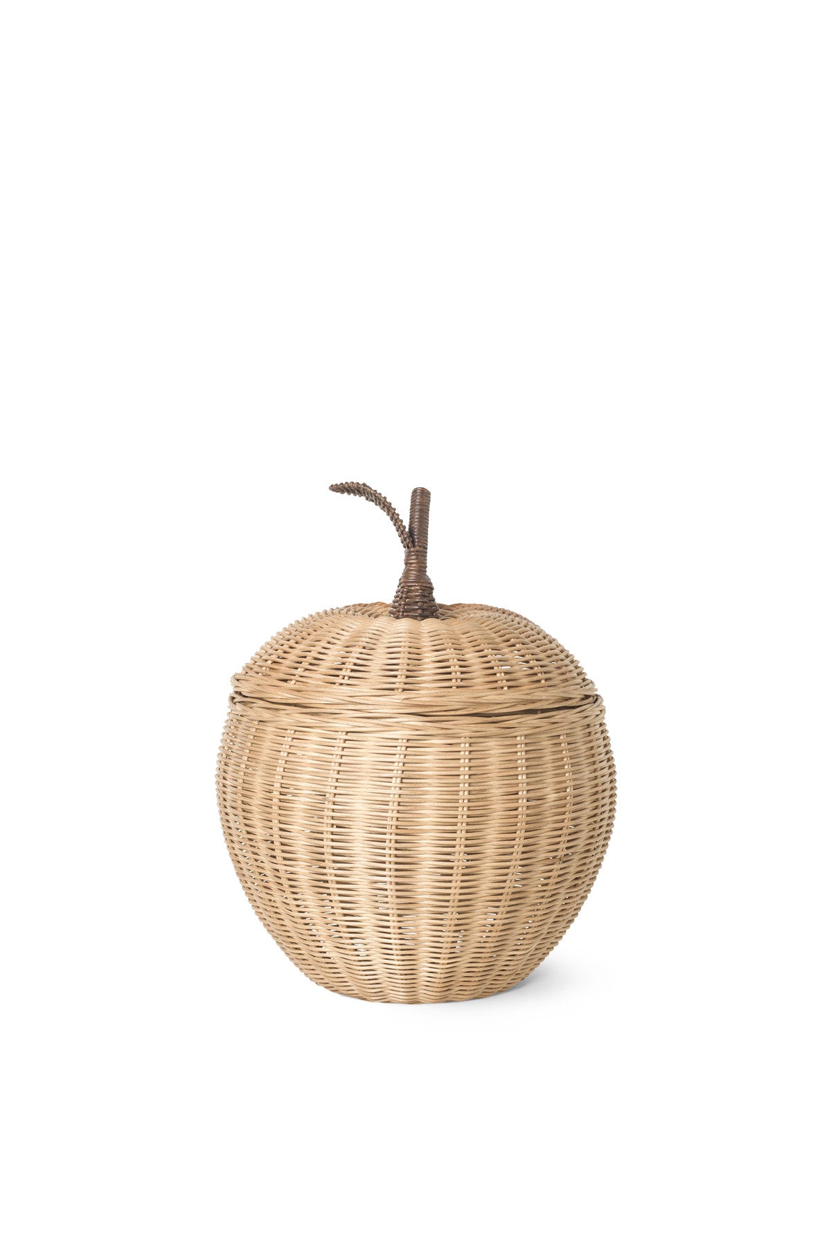 Grosser geflochtener Aufbewahrungskorb aus Rattan in Naturfarbe mit Apfelform und seitlichen Griffen, Durchmesser 55 cm, Höhe 70 cm.