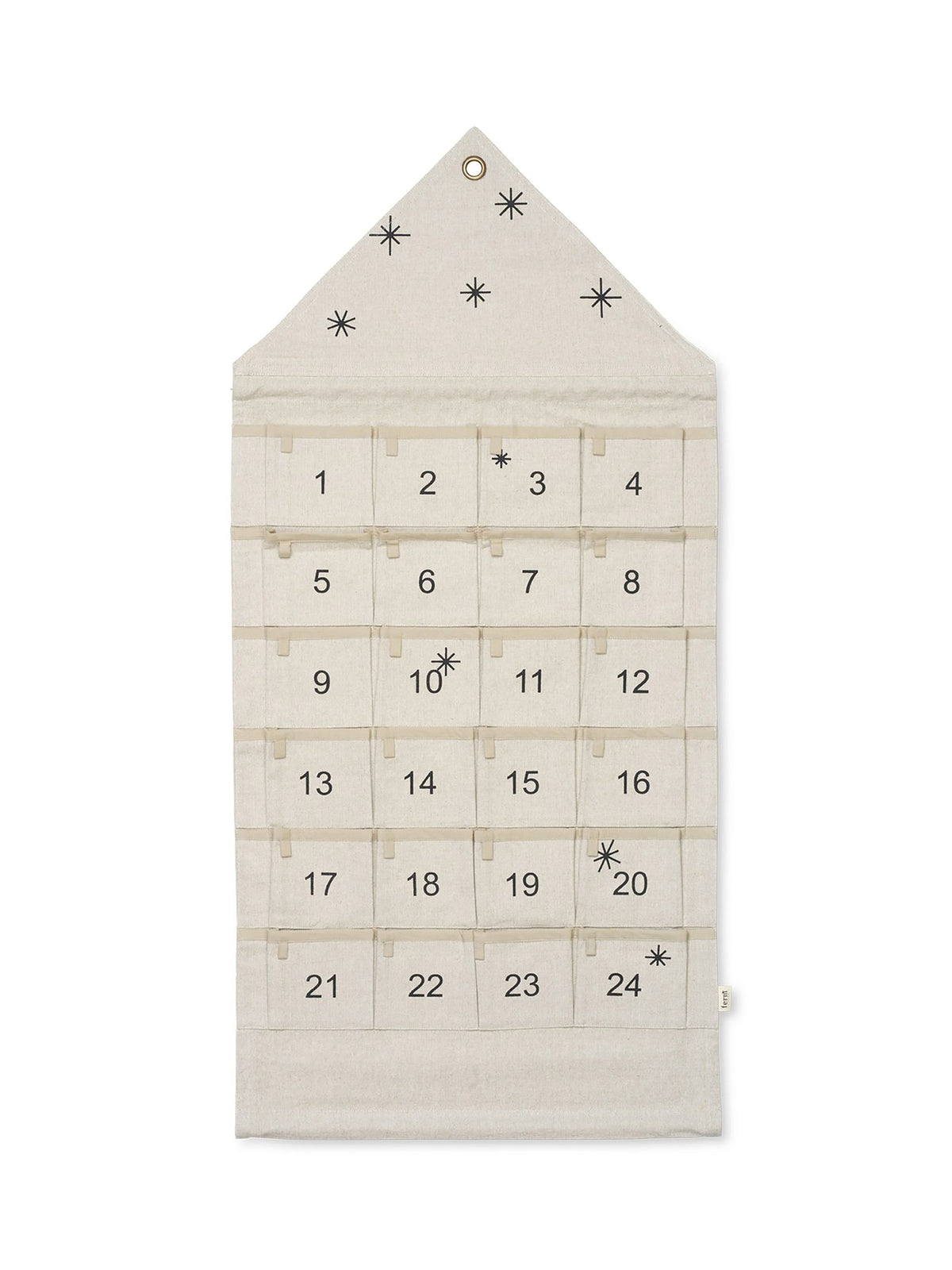 Textiler Adventskalender in Hausform aus gewebter Baumwoll-Chambray in Sand/Schwarz mit goldenen Stickereien und 24 kleinen Taschen für tägliche Geschenke.