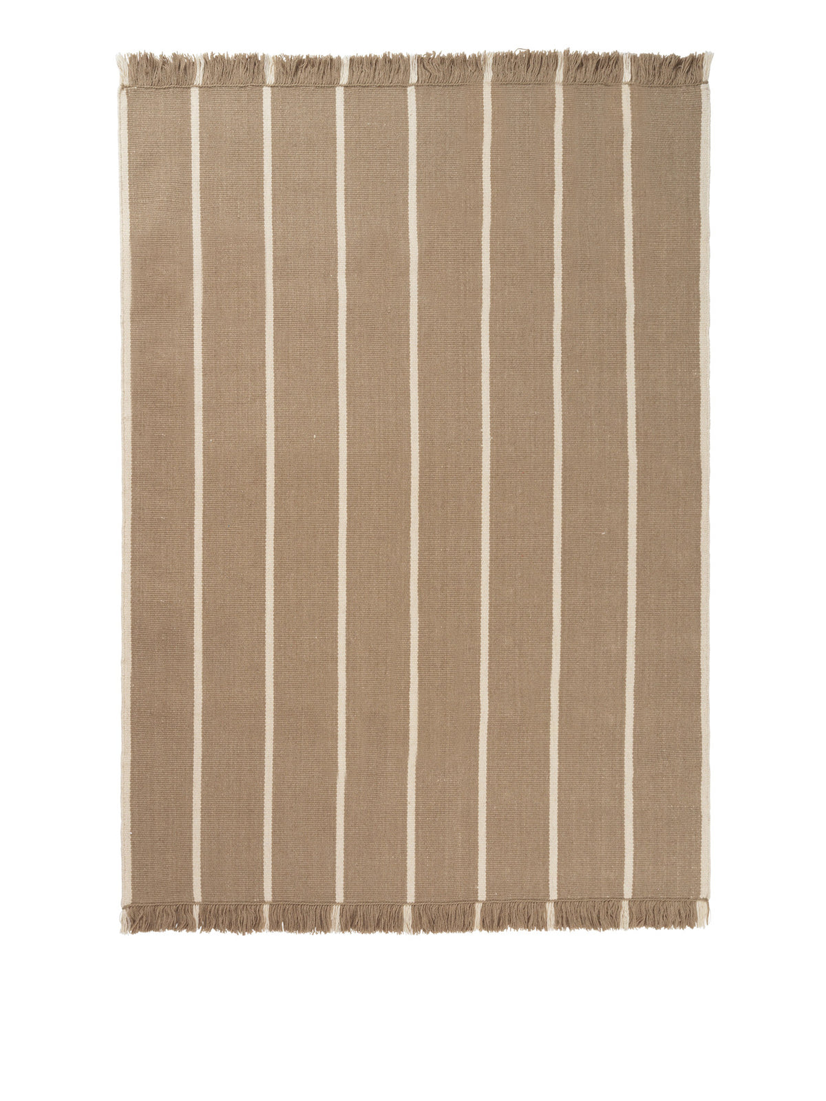 Rechteckiger Kelim Teppich aus 100% Wolle in Dark Sand und Offwhite, handgewebt mit grober, strukturierter Oberfläche, liegend fotografiert.