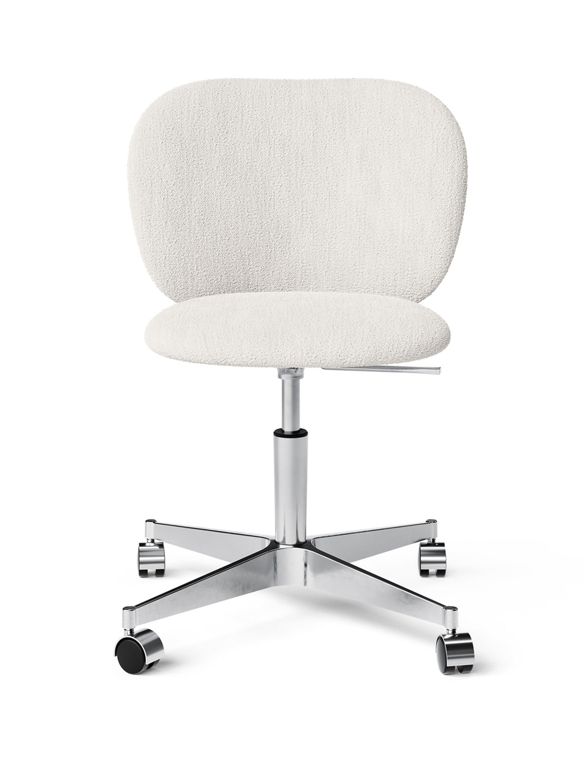 Rico Sessel mit Rollen, Stuhl mit Armlehne, runde Form, Bouclé-Bezug in Offwhite