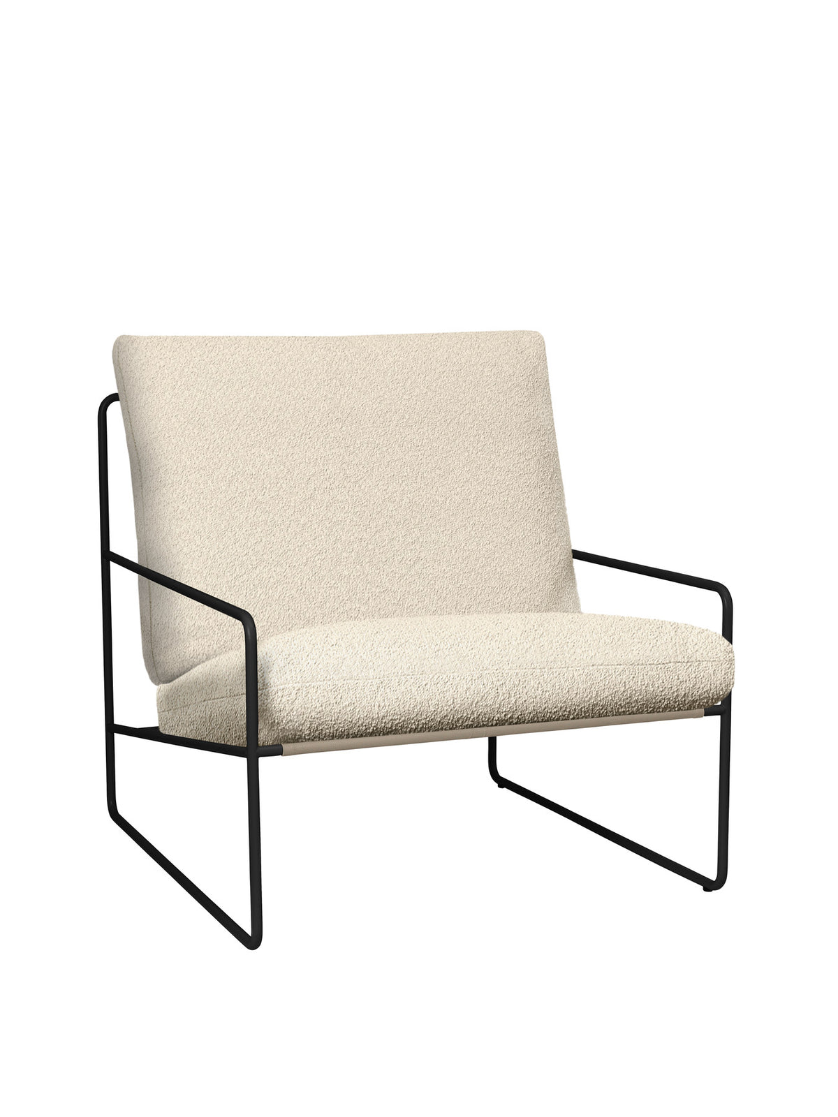 Desert 1-Sitzer von Ferm Living in Cashmere/Chestnut mit Bouclé-Bezug, Stahlrahmen und gepolstertem Sitzkissen für den Aussenbereich