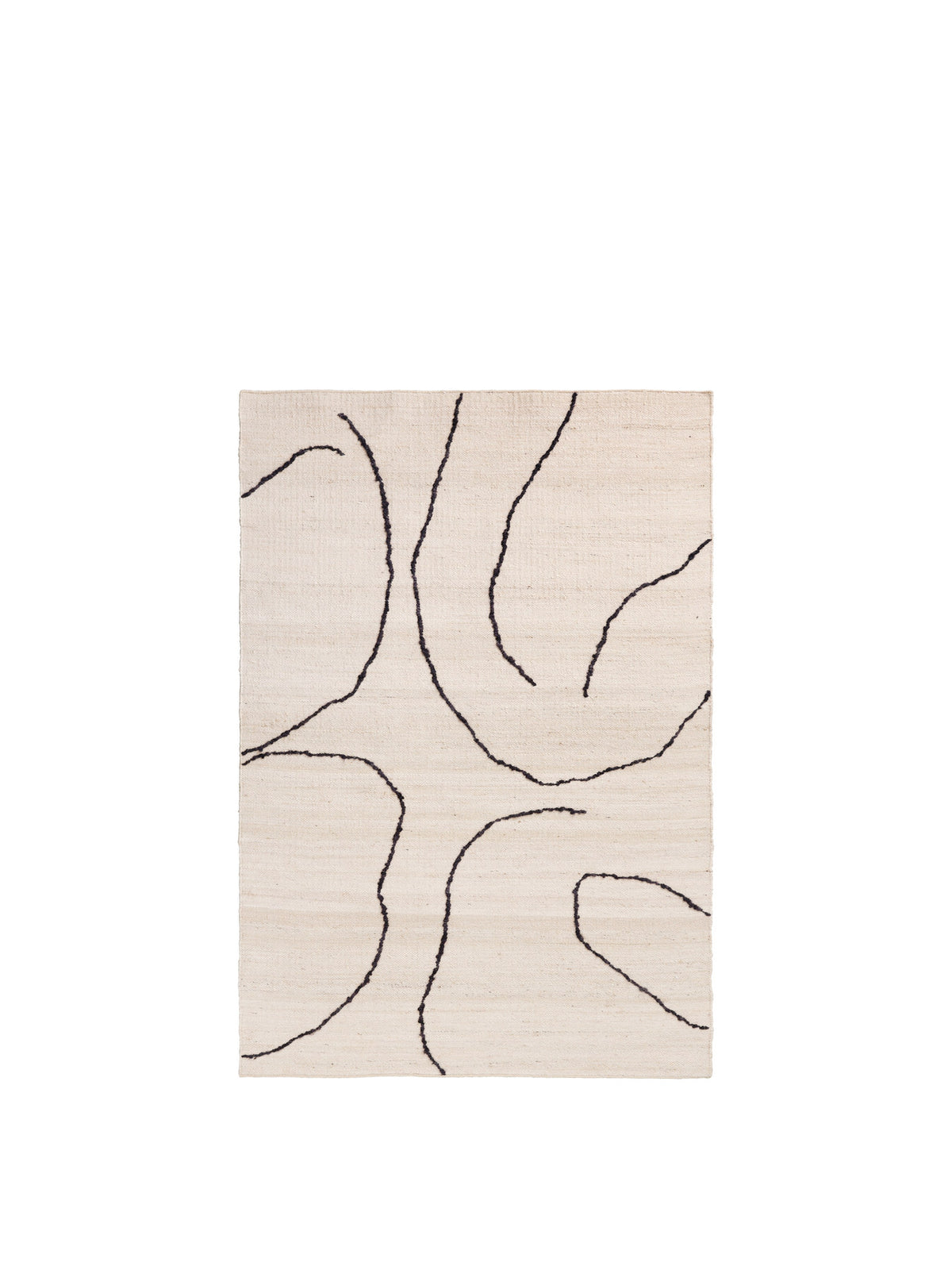 Gesso Juteteppich von Ferm Living in Off-White/Dunkel Feige, handgewebt aus Jute, Baumwolle und Wolle mit abstraktem Linienmuster, liegend im Raum.