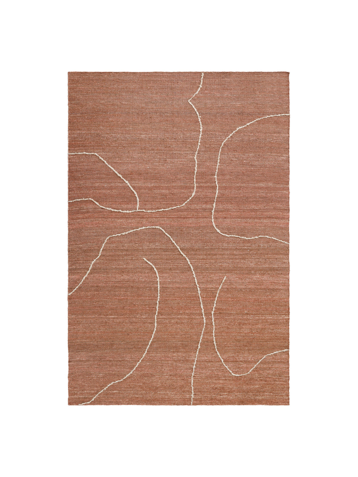 Gesso Juteteppich von Ferm Living in Off-White/Dunkel Feige, handgewebt aus Jute, Baumwolle und Wolle mit abstraktem Linienmuster, liegend im Raum.