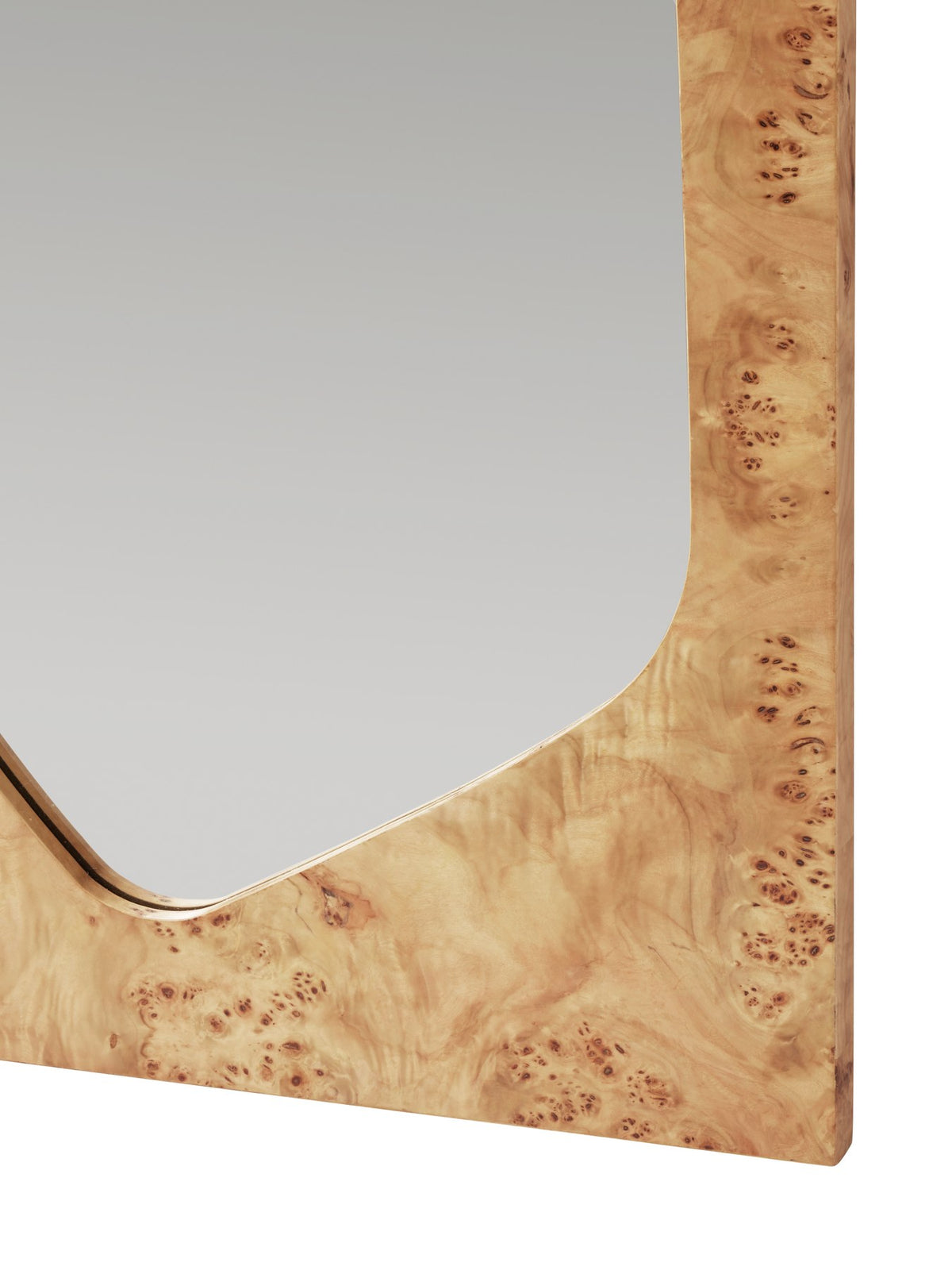 Wandspiegel Folia aus Pappel-Burl-Furnier mit MDF-Kern, asymmetrische blattförmige Spiegel-Einlegearbeiten, Farbe Natural.
