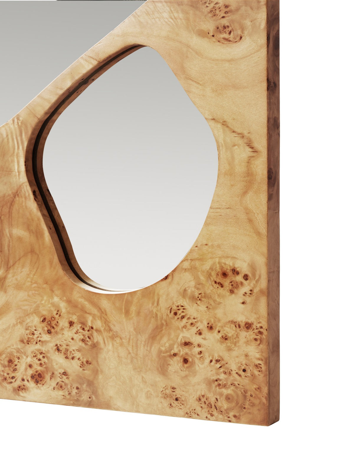 Wandspiegel Folia aus Pappel-Burl-Furnier mit MDF-Kern, asymmetrische blattförmige Spiegel-Einlegearbeiten, Farbe Natural.