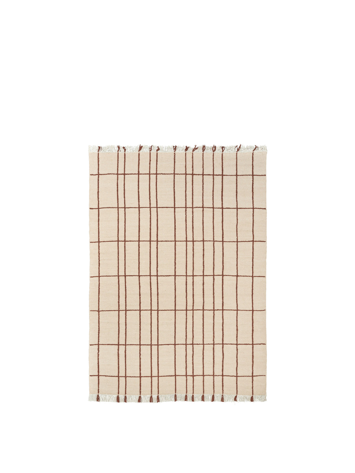 Flachgewebter Sen Teppich von Ferm Living in Parchment/Chestnut mit Karomuster, Reliefstruktur und Fransen an den Kanten, aus Wolle und Baumwolle.