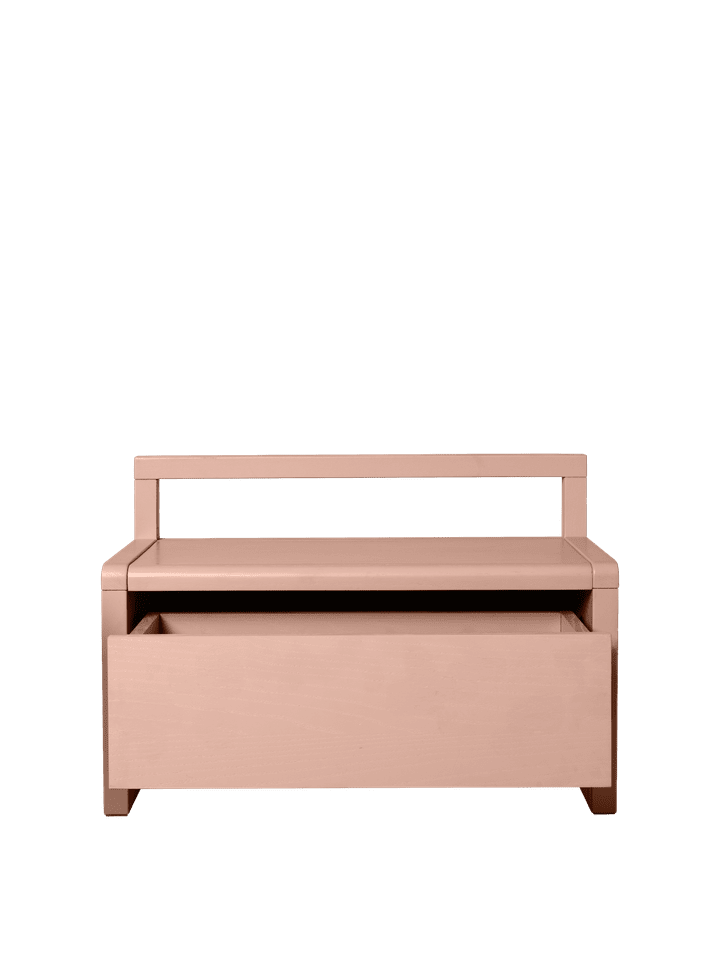 Stylische Sitzbank "Little Architect" in zartem Rosé mit praktischem Stauraum, ideal für Kinderzimmer und Spielbereiche.