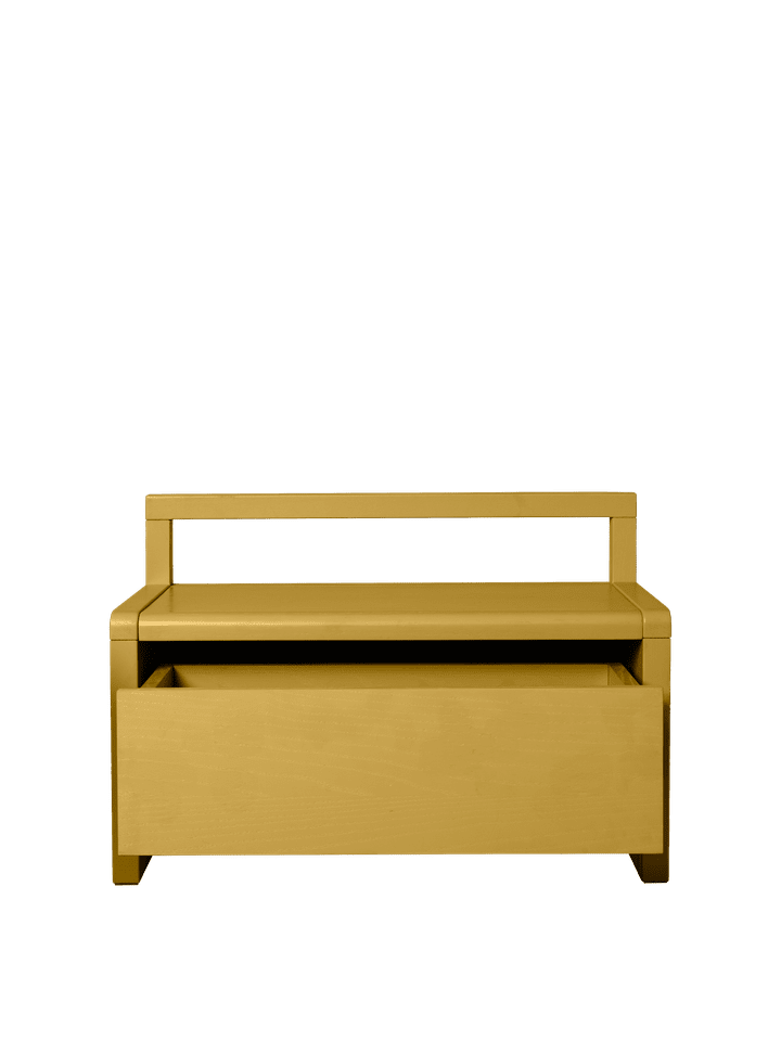 Stylische Little Architect Sitzbank in Gelb von Ferm Living, ideal für Kinderzimmer, bietet praktischen Stauraum und ein modernes Design.