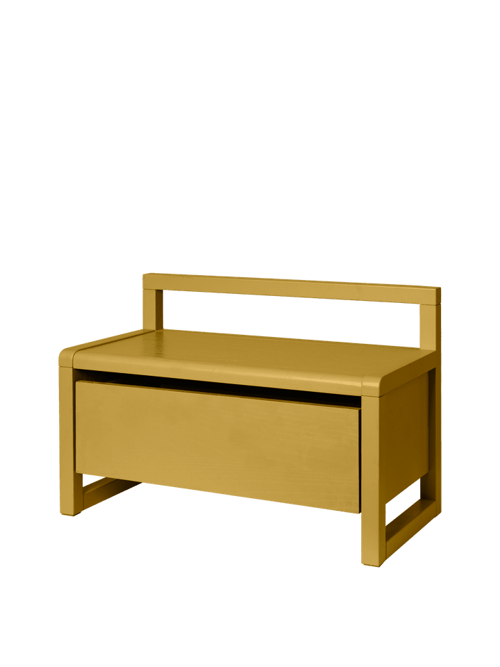 Bunte Little Architect Sitzbank in Gelb von Ferm Living, perfekt für Kinderzimmer, kombiniert modernes Design mit praktischem Stauraum.