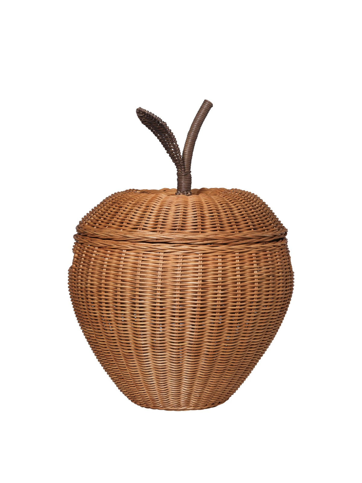 Grosser geflochtener Aufbewahrungskorb aus Rattan in Naturfarbe mit Apfelform und seitlichen Griffen, Durchmesser 55 cm, Höhe 70 cm.