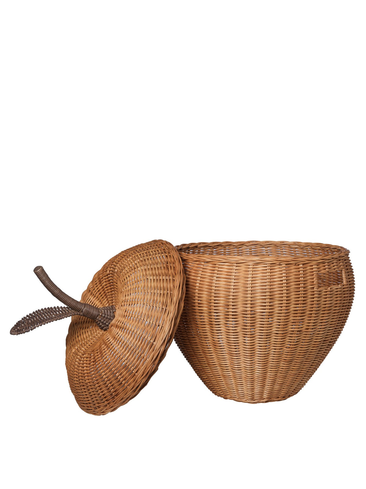 Grosser geflochtener Aufbewahrungskorb aus Rattan in Naturfarbe mit Apfelform und seitlichen Griffen, Durchmesser 55 cm, Höhe 70 cm.