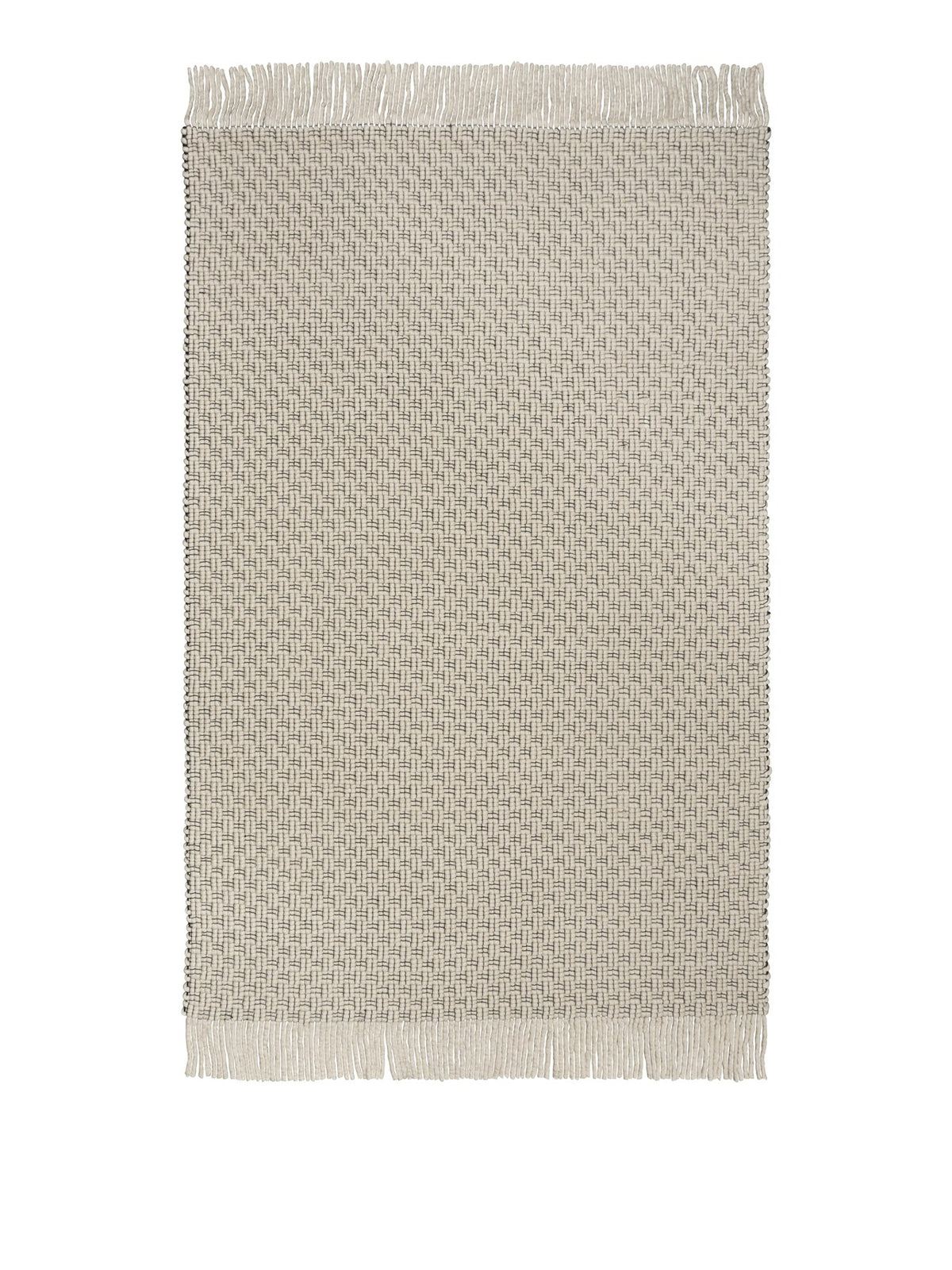 Rechteckiger Teppich aus Wolle und Baumwolle in Off-White und Schwarz mit langen Fransen, handgewebte Struktur, Grösse 200 x 300 cm