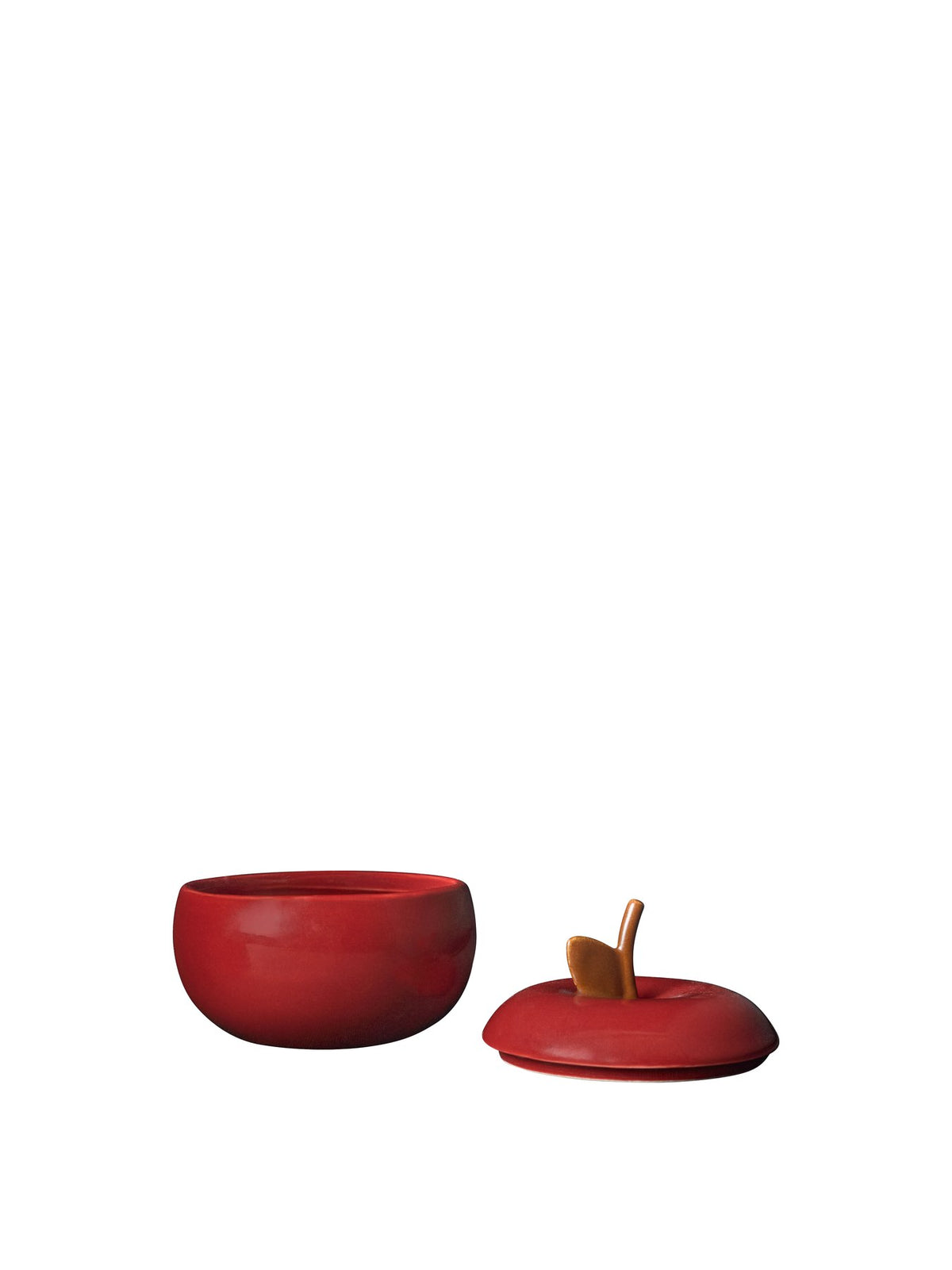 Tiefroter Keramikbehälter in Apfelform aus glasiertem Steinzeug, Durchmesser 9.5 cm, Höhe 9.6 cm, von Ferm Living.