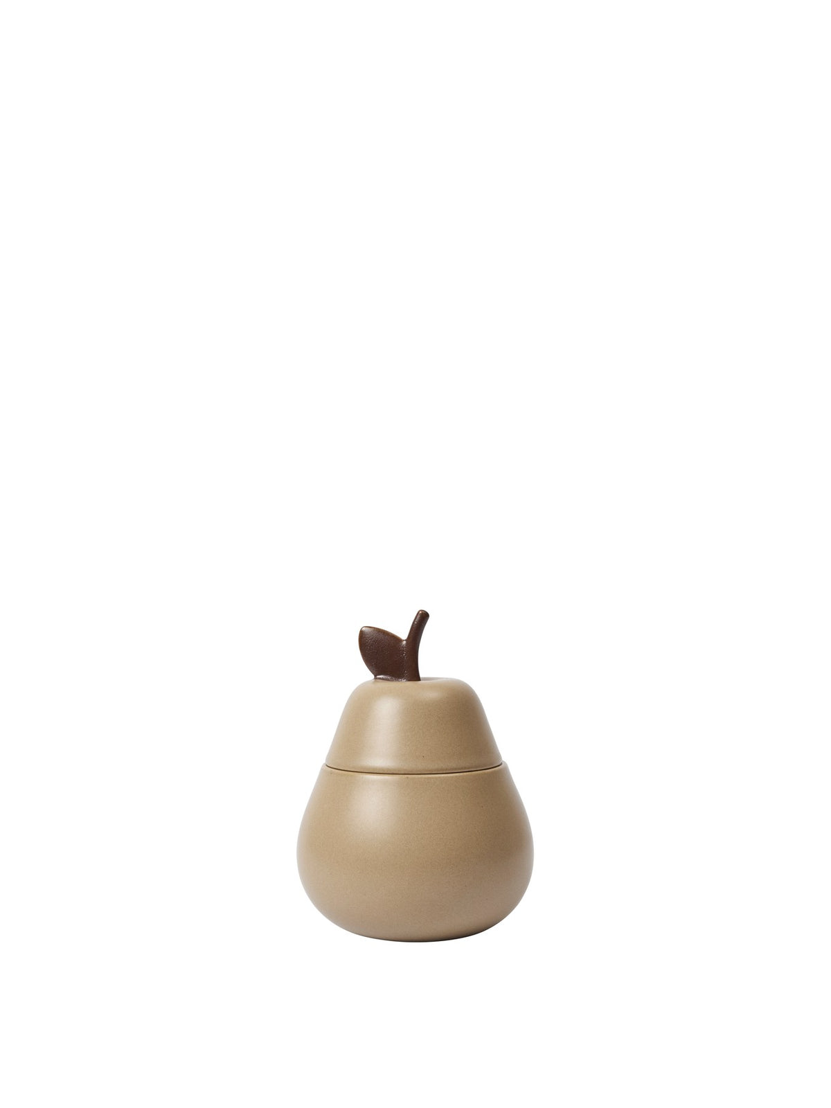 Birnenförmiger Keramikbehälter von Ferm Living aus glasiertem Steinzeug in der Farbe Cashmere, Durchmesser 9.5 cm, Höhe 13 cm.