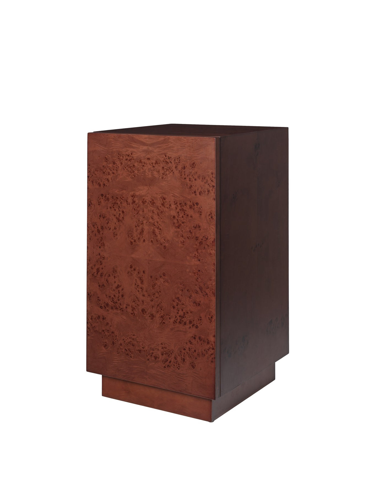 Burl Beistelltisch von Ferm Living mit dunkel gebeiztem Wurzelholzfurnier auf MDF-Kern, sockelartige Form mit verstecktem Stauraum.