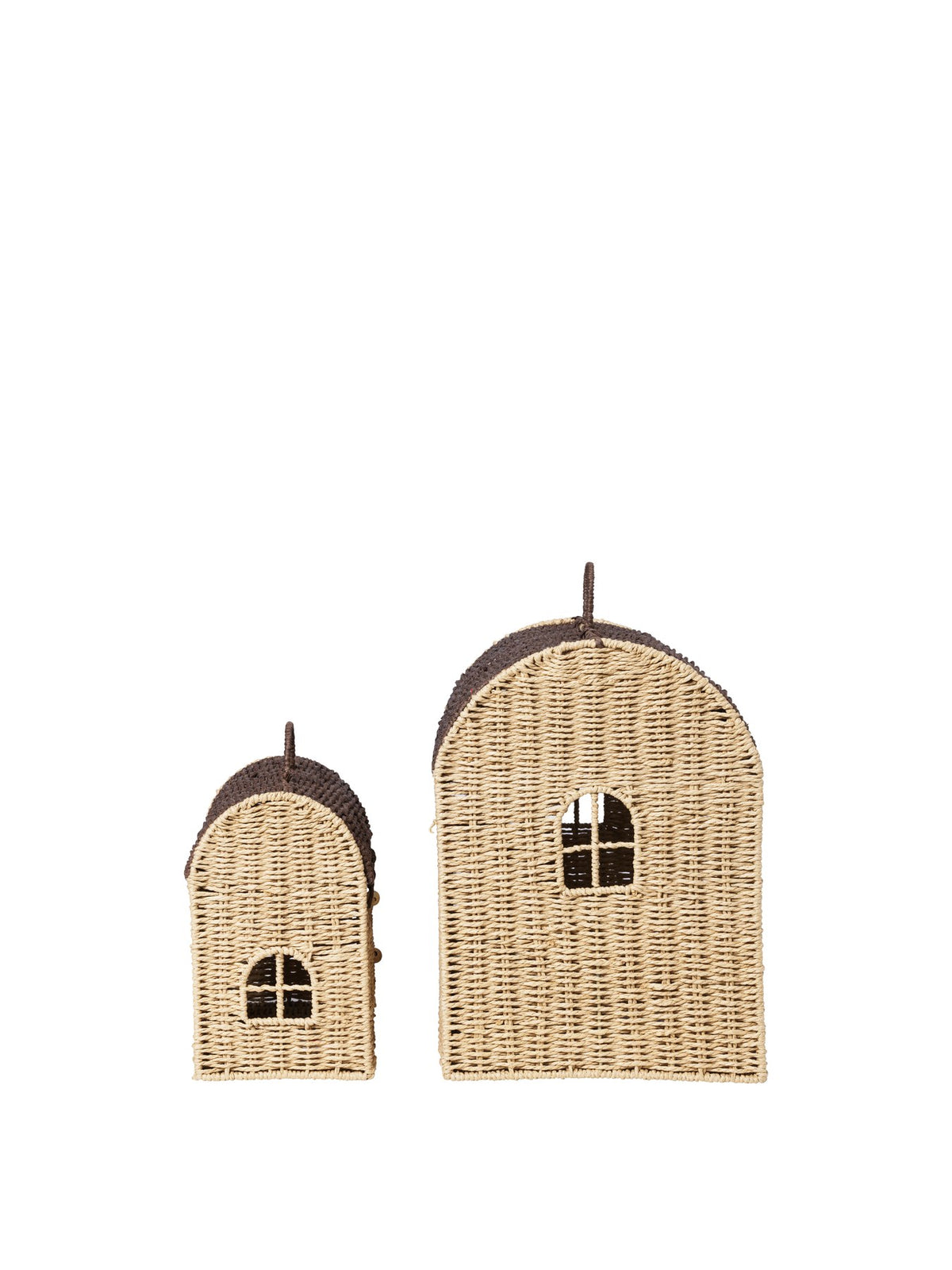Zwei Aufbewahrungshäuser aus geflochtenem FSC Mix-Papier mit Eisenstruktur, Farben Natur und Dunkelbraun, mit Fenster- und Türdetails sowie Tragegriff.