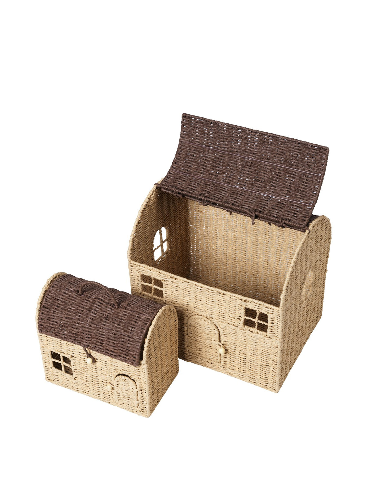 Zwei Aufbewahrungshäuser aus geflochtenem FSC Mix-Papier mit Eisenstruktur, Farben Natur und Dunkelbraun, mit Fenster- und Türdetails sowie Tragegriff.