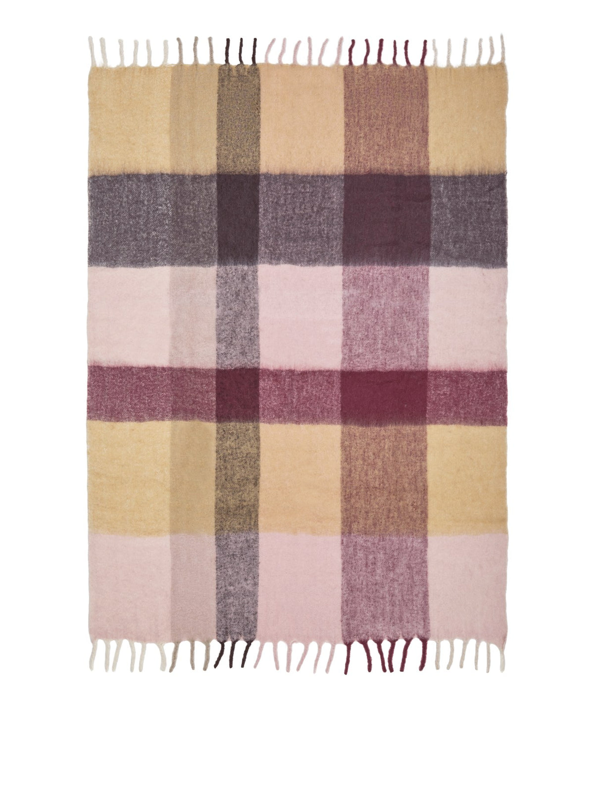 Wolldecke aus 80% Wolle und 20% Mohair in Butter/Pale Rose mit Karomuster, gebürsteter Oberfläche und langen Fransen, Grösse 130x170 cm.