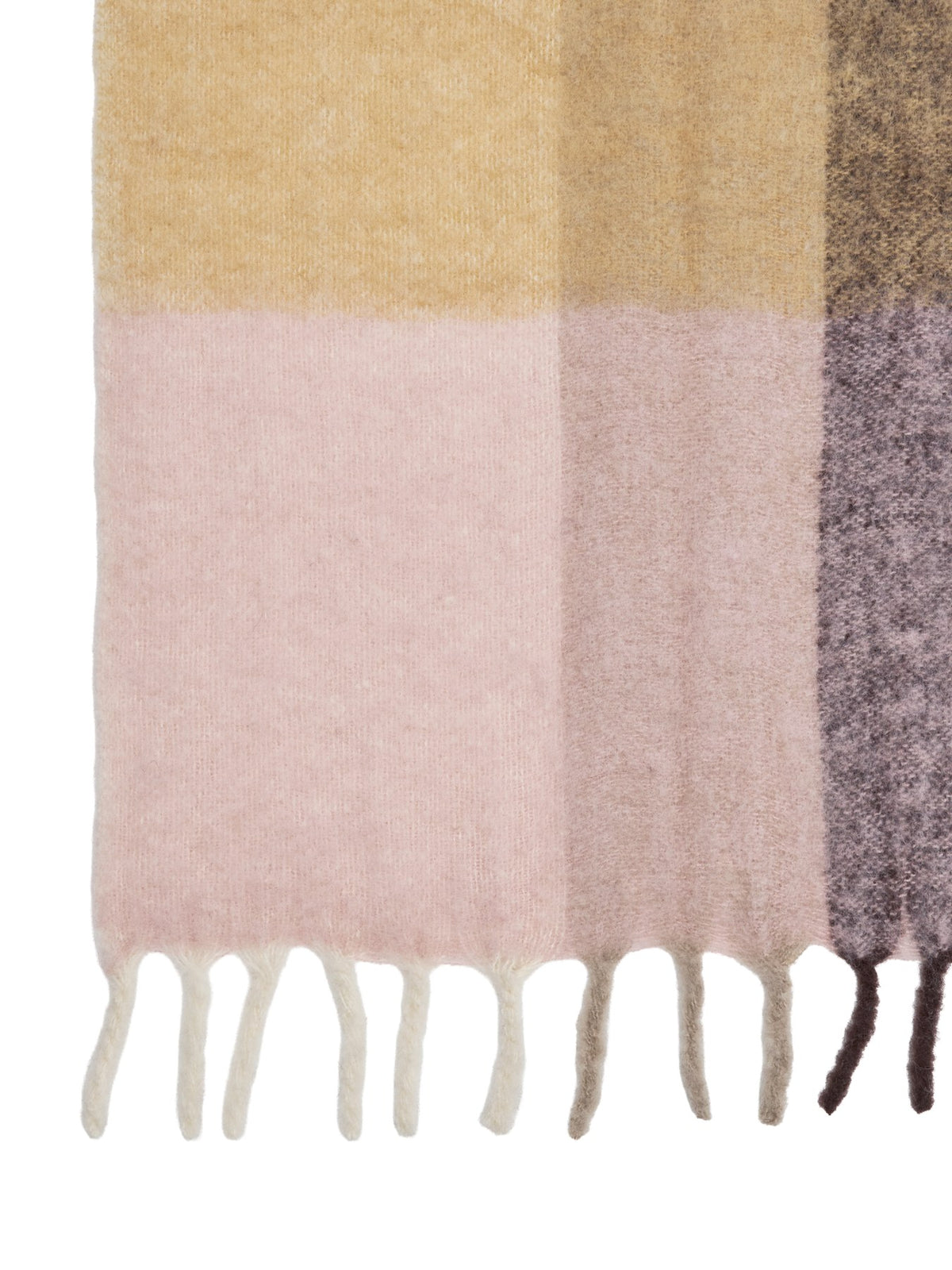 Wolldecke aus 80% Wolle und 20% Mohair in Butter/Pale Rose mit Karomuster, gebürsteter Oberfläche und langen Fransen, Grösse 130x170 cm.