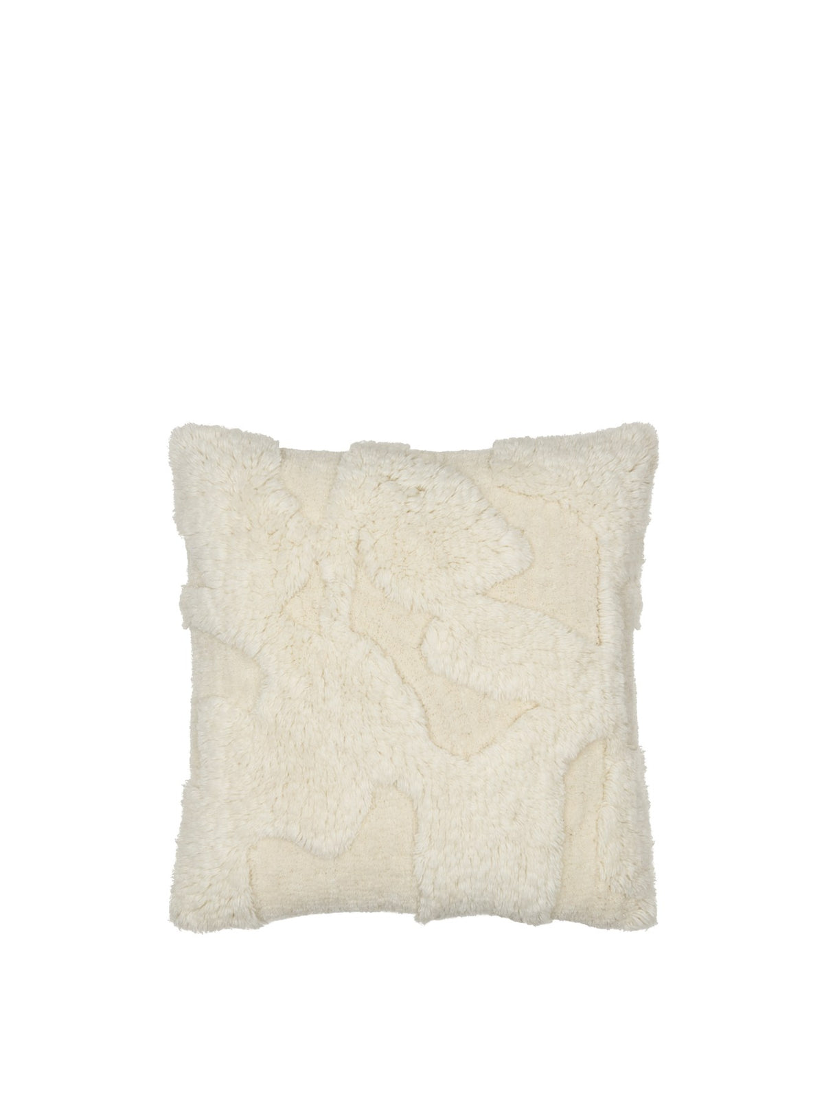Quadratisches getuftetes Kissen aus Wolle und Baumwolle in Off-White, mit unterschiedlichen Florhöhen und grafischem Musterdesign.