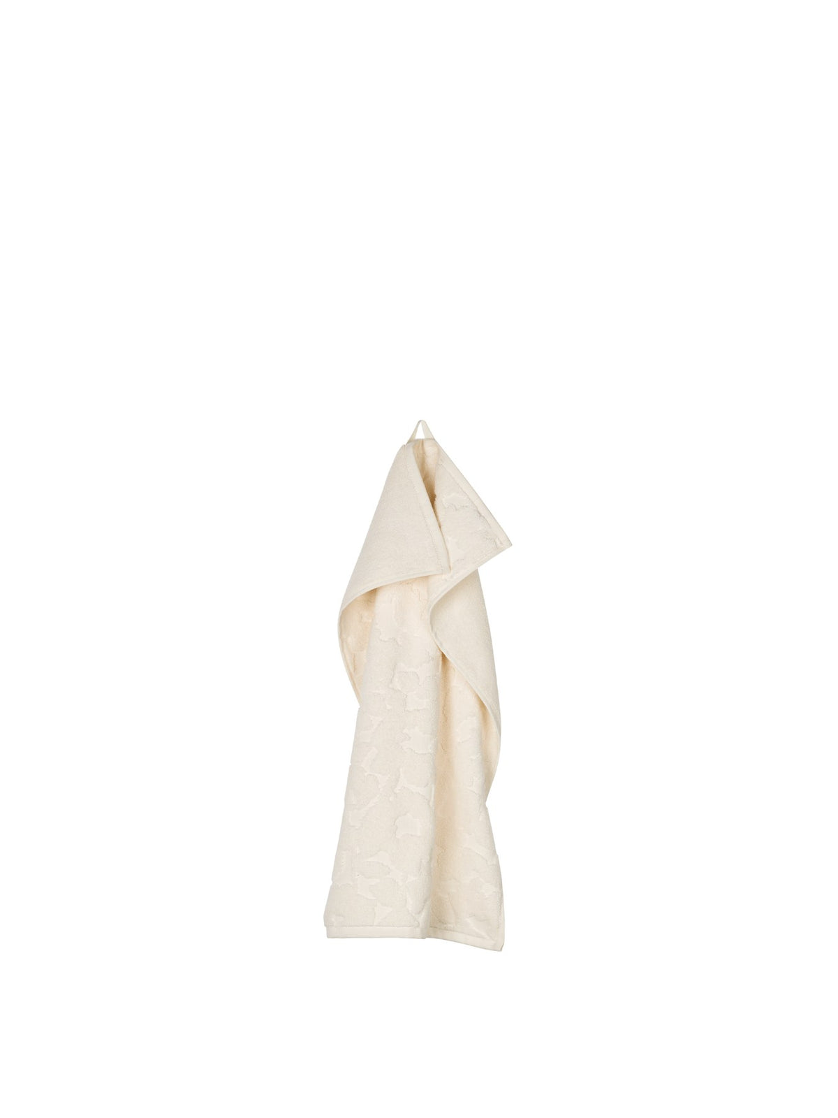 Off-White Gästehandtuch aus Bio-Baumwolle mit tonalem Blumenmuster und leicht erhabener Reliefstruktur, rechteckige Form, gefaltet liegend.