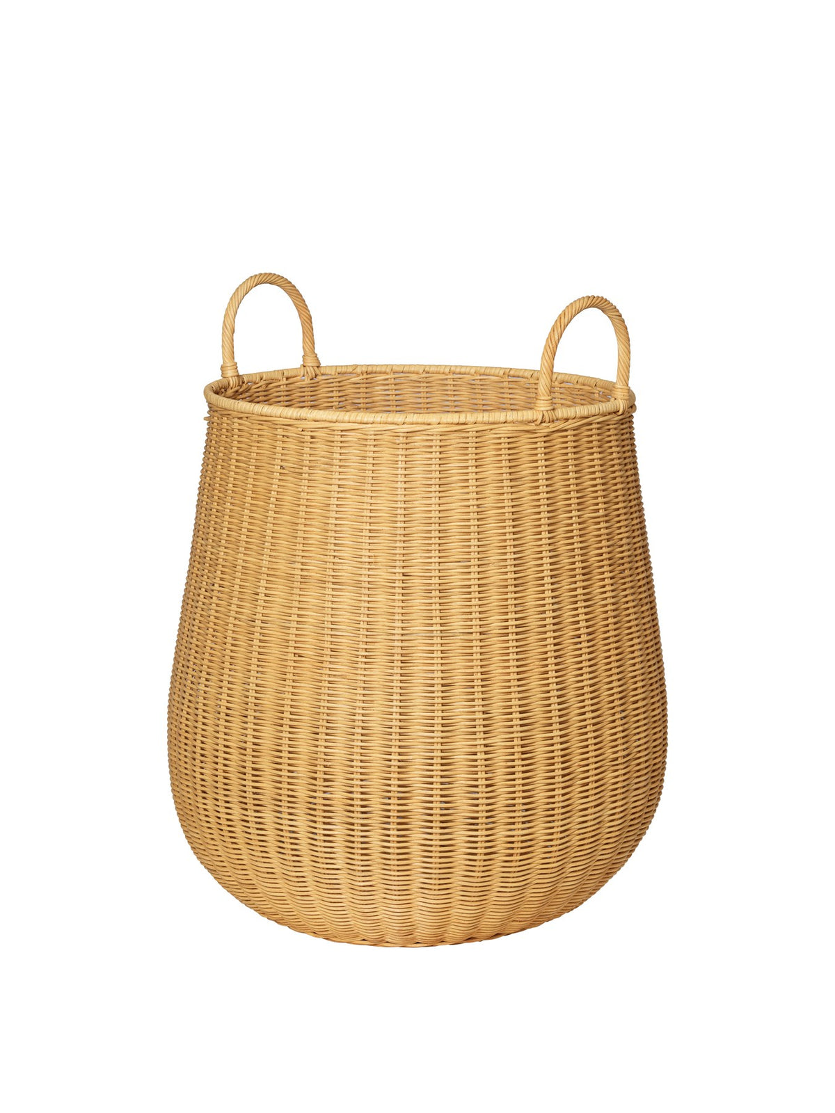 Runder Wäschekorb aus handgeflochtenem Rattan in Naturfarbe mit offener Flechtstruktur, mittlere Grösse, Design von Ferm Living.