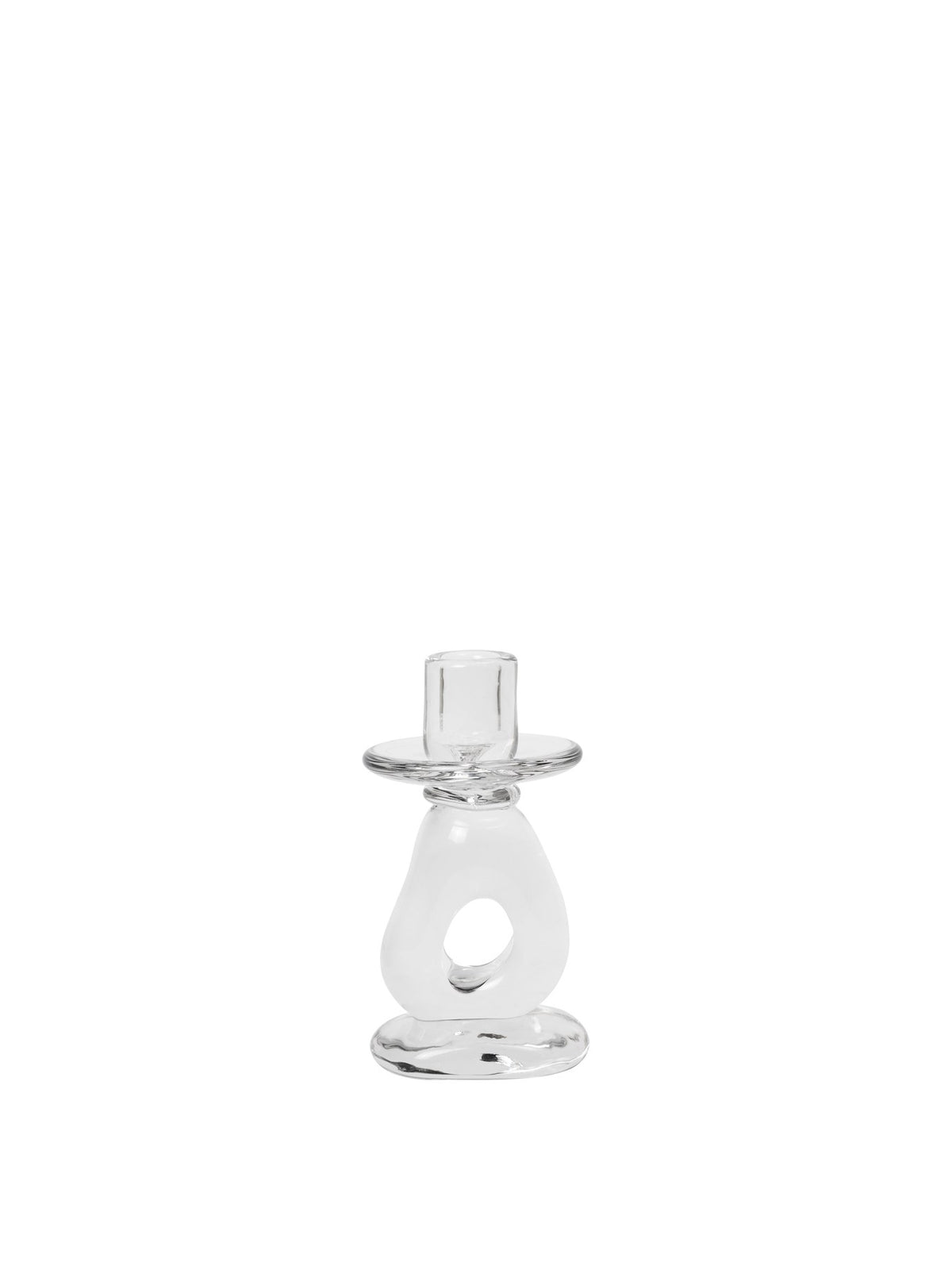 Mundgeblasener Kerzenhalter aus klarem Massivglas mit skulpturaler, fliessender Form, konzipiert für eine einzelne Kerze, Höhe 16 cm.