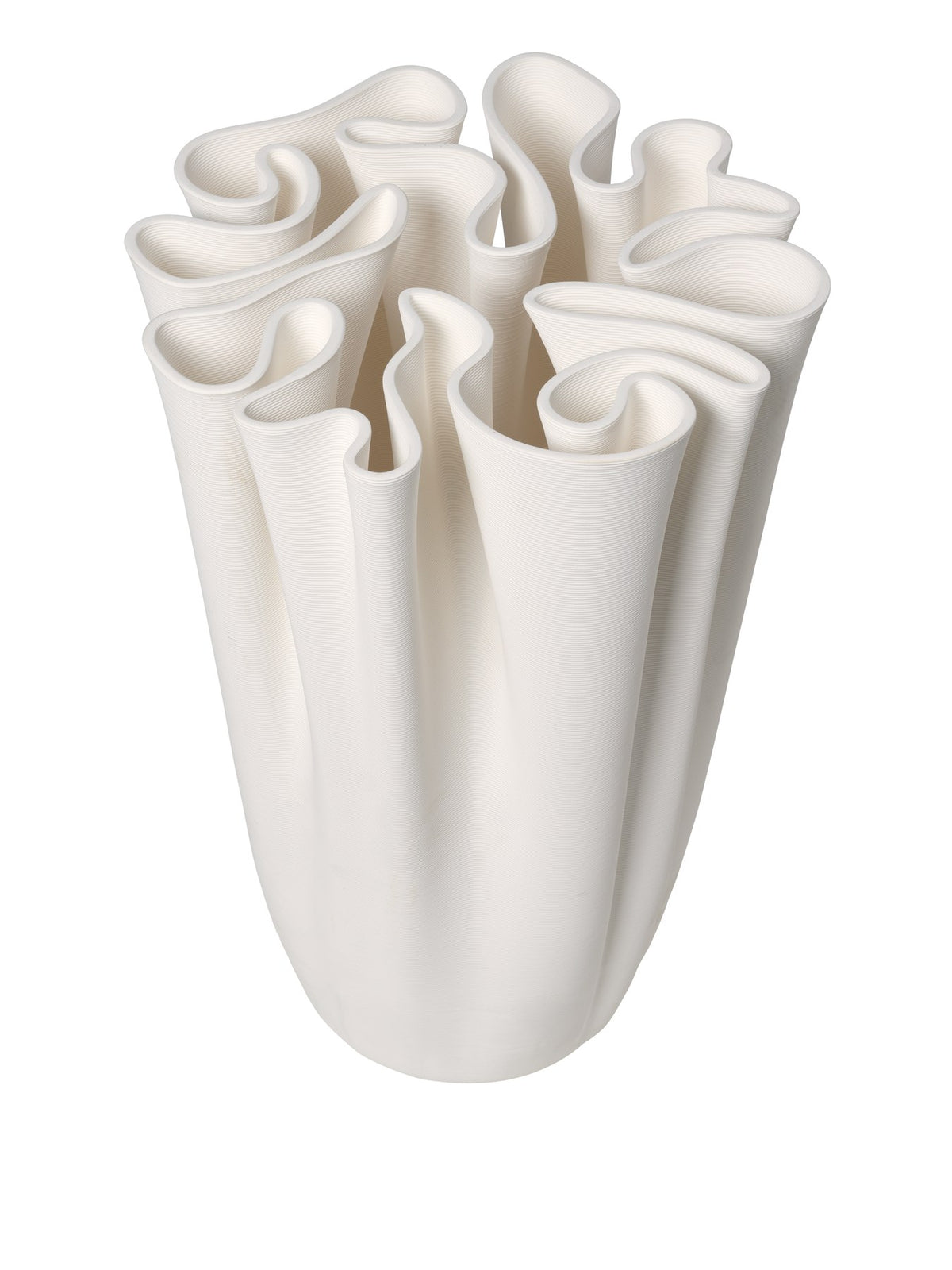 Off-White Bodenvase aus Steingut mit reliefartigem, labyrinthähnlichem Muster, aussen unglasiert, innen glasiert, Höhe 50 cm.
