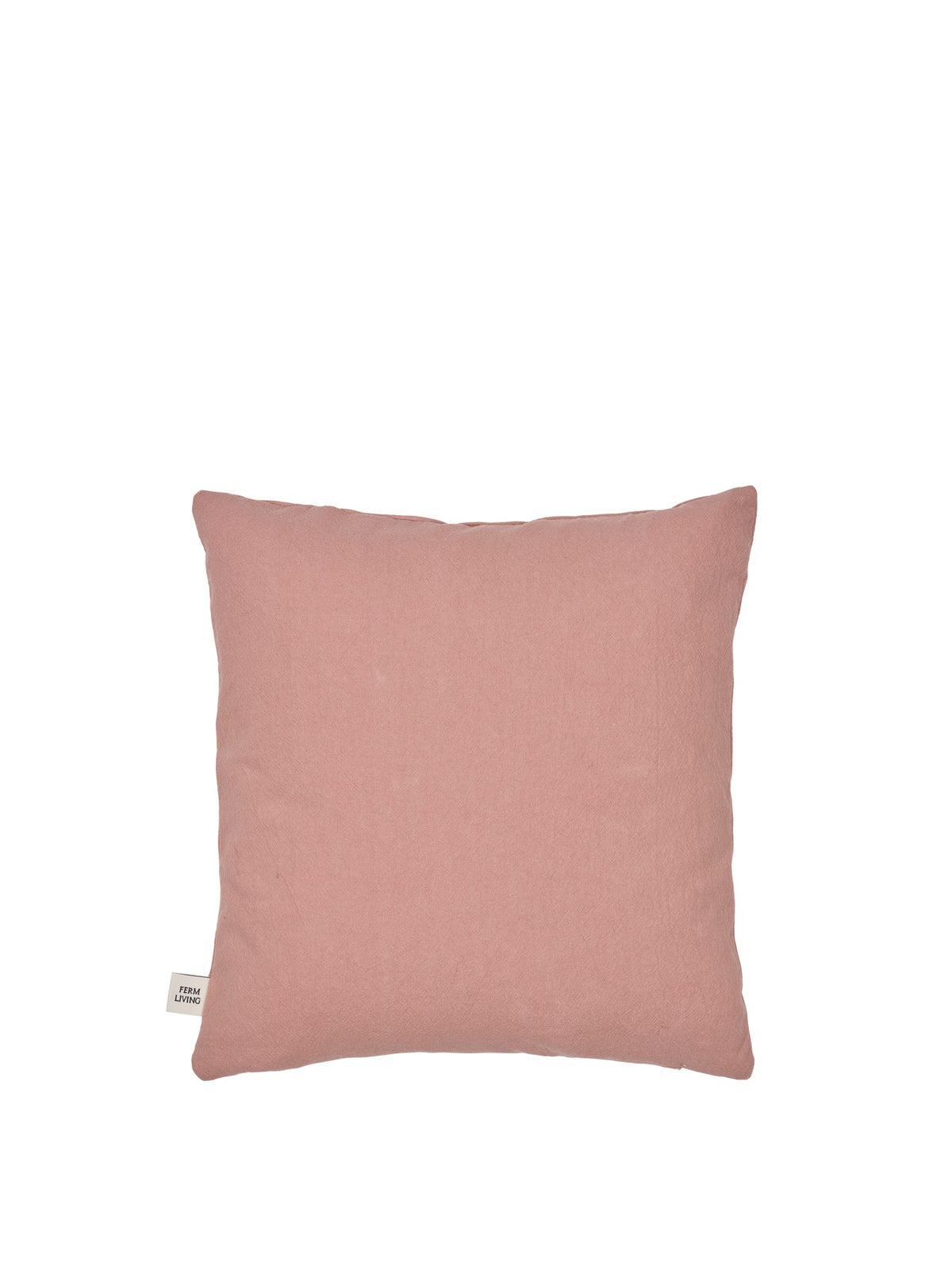 Quadratisches Kissen mit handgestickten Wildtier- und Waldfiguren, Bezug aus Bio-Baumwolle, Farbe Off-White mit Dunkelschokolade-Applikationen.