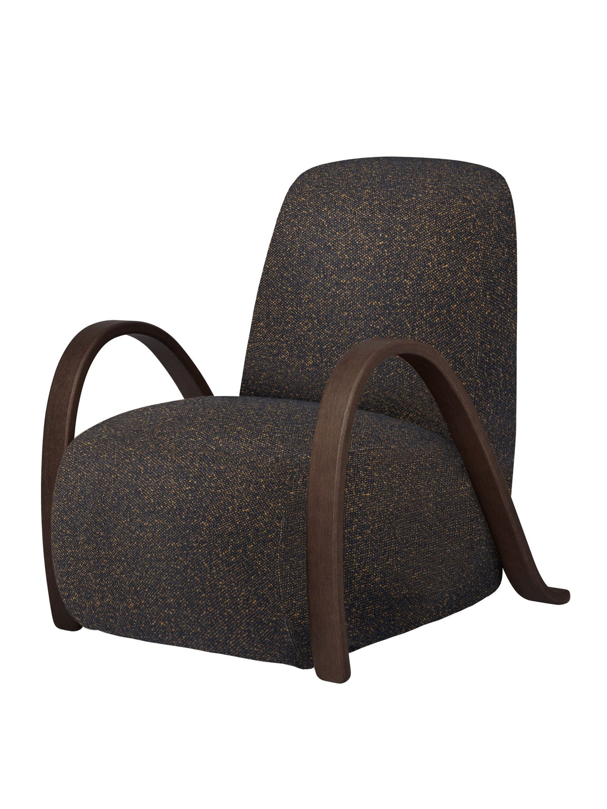 Sessel Buur Lounge Chair mit Vanir-Stoffbezug in Schwarz/Honig, geschwungenen Armlehnen aus dunkel gebeiztem Eichenfurnier und gepolstertem Sitz.