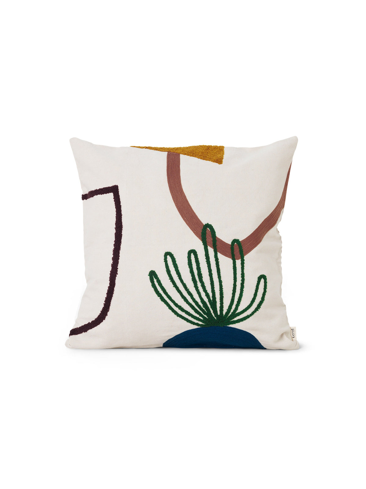Mirage Kissen von Ferm Living aus 100% Baumwoll-Canvas mit hoch- und niedrigfloriger Stickerei, quadratische Form, naturinspiriertes Muster in mehreren Farben.