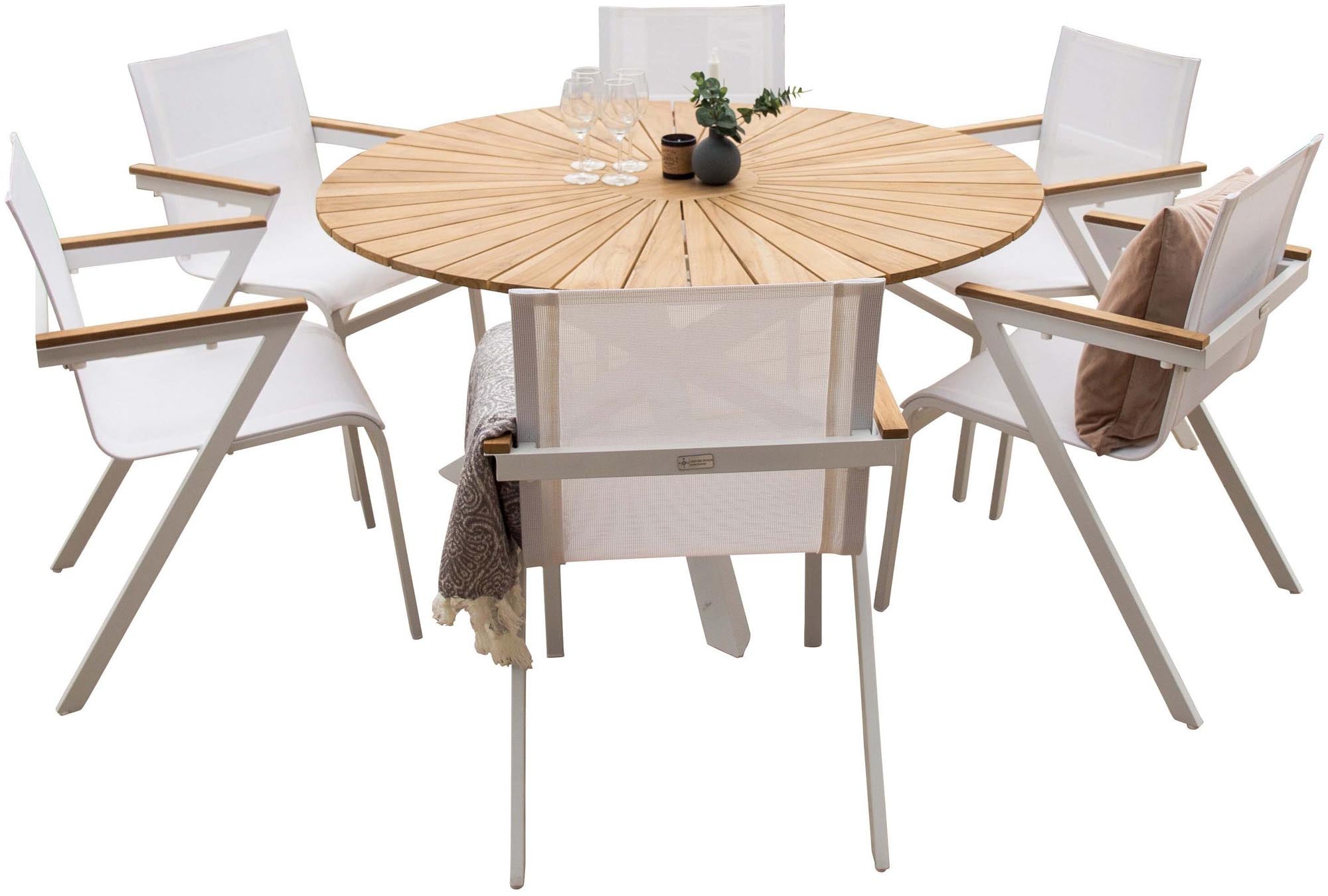 Stilvolles Mexiko Outdoor-Tischset: 140cm Teakholz-Tisch, 6 wetterfeste Stühle, modernes Design für gesellige Sommerabende.