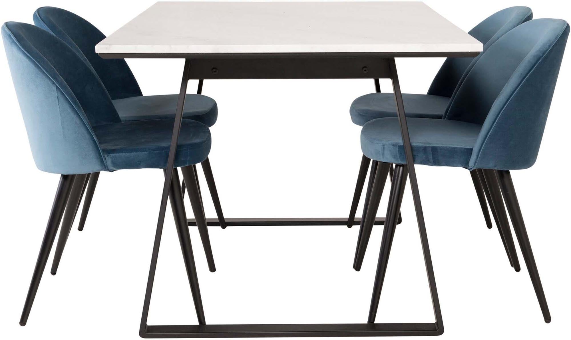 Erleben Sie das Estelle Esszimmerset von Venture Home: Stilvolle Kombination aus rustikalem Esstisch und eleganten Velvet-Stühlen für unvergessliche Momente.