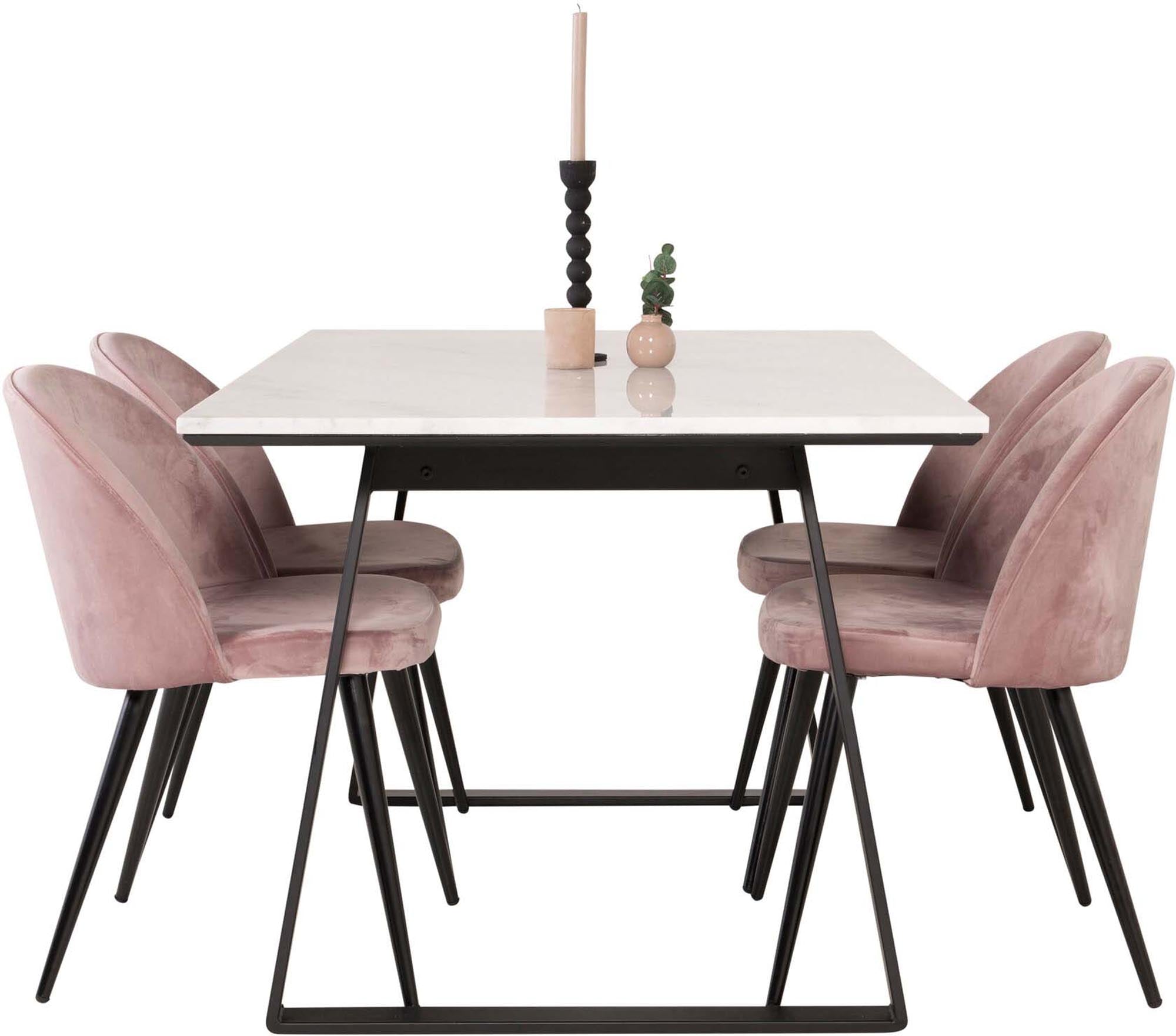 Entdecken Sie das Estelle Esszimmerset von Venture Home: Ein 140 cm großer Esstisch kombiniert mit 4 eleganten Velvet-Stühlen für stilvolle Essmomente.