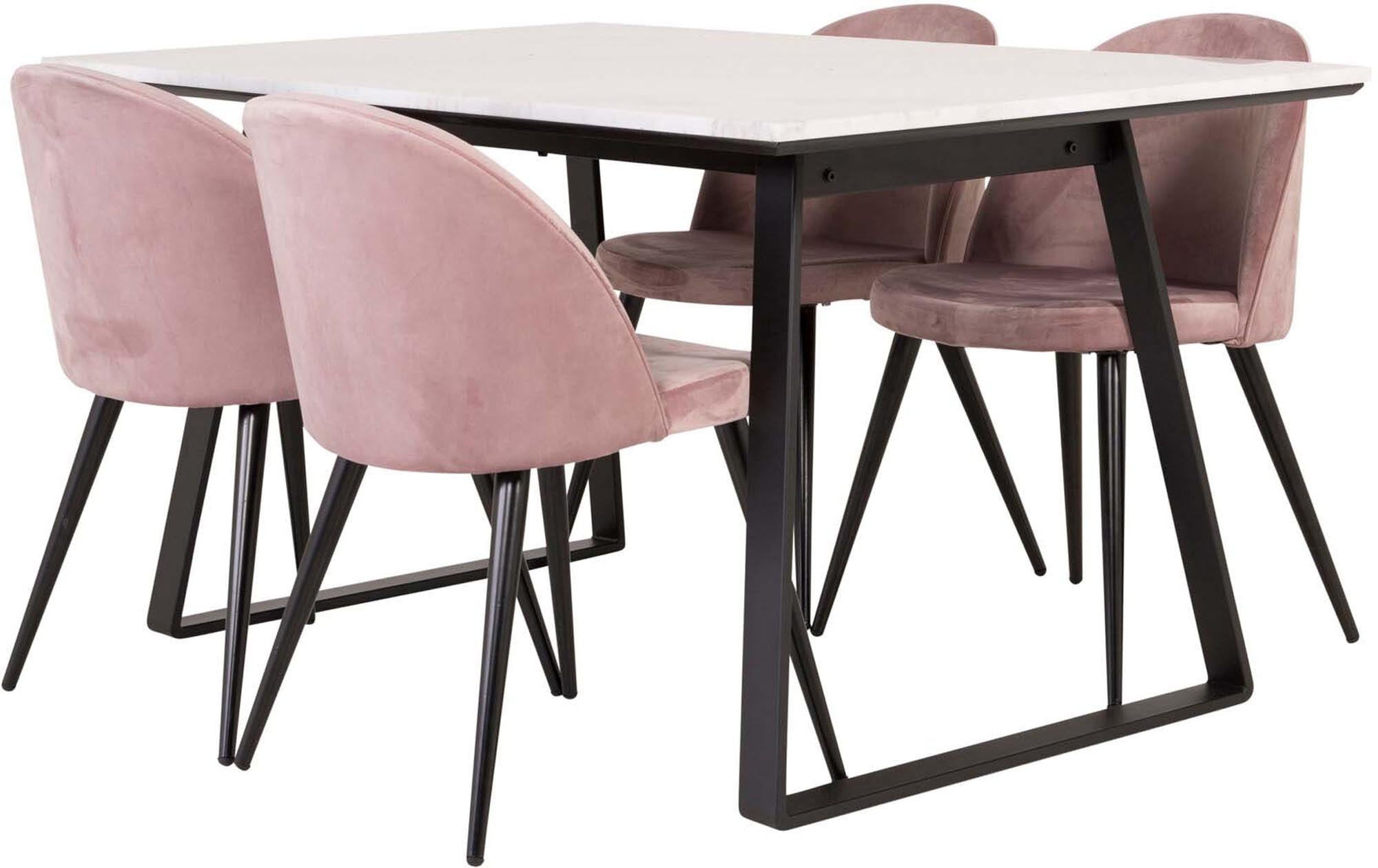 Erleben Sie das Estelle Esszimmerset von Venture Home: Ein 140 cm Esstisch und 4 luxuriöse Velvet-Stühle für einladende Esszimmeratmosphäre.