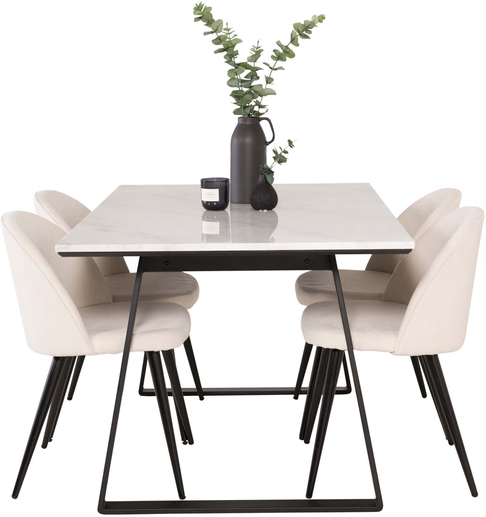 Entdecken Sie das Estelle Esszimmerset von Venture Home: 140 cm Tisch und 4 elegante Velvet-Stühle für einladende Esszimmer-Momente.