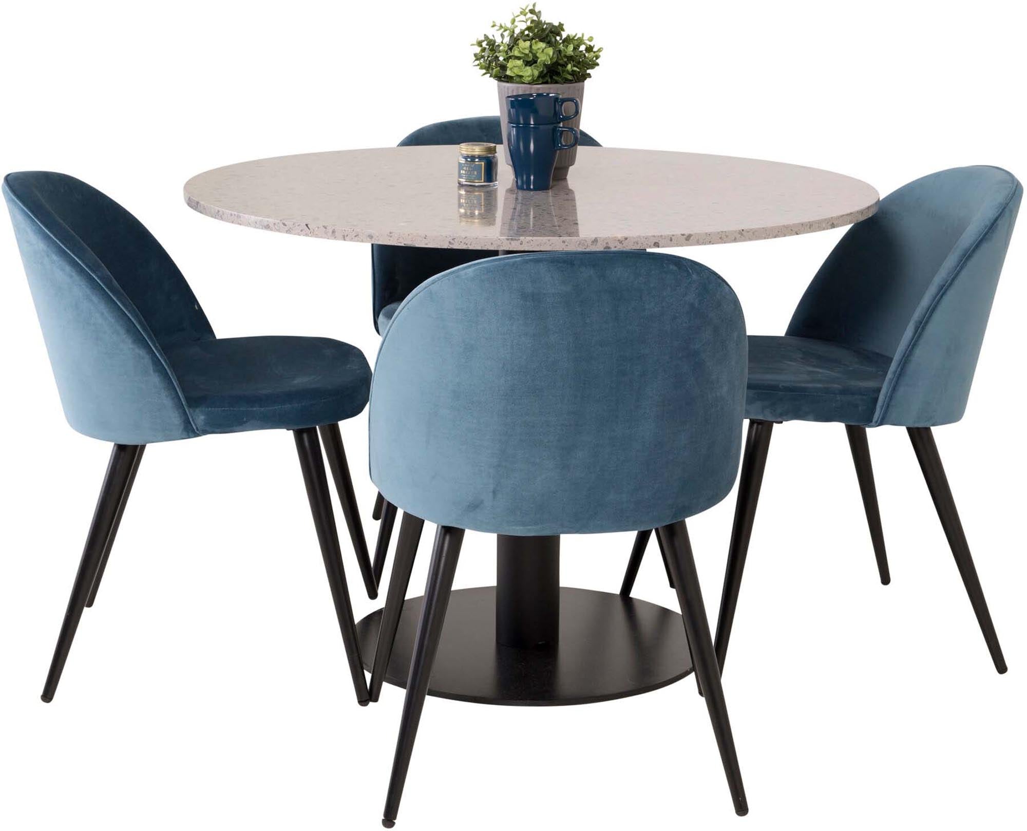 Entdecken Sie das Razzia Esszimmerset von Venture Home: Moderner 106 cm Tisch und 4 stilvolle Velvet-Stühle für unvergessliche Essensmomente.