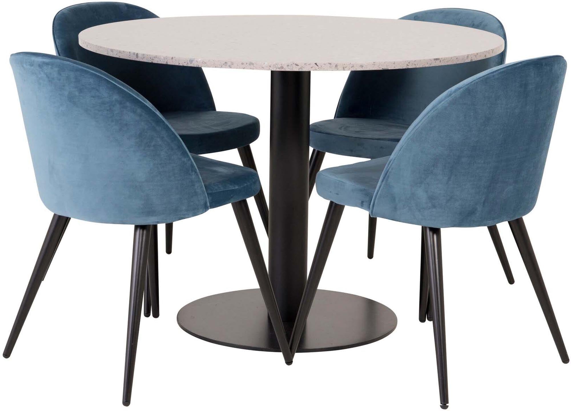 Genießen Sie stilvolle Essensmomente mit dem Razzia Esszimmerset von Venture Home: Eleganter 106 cm Tisch und 4 komfortable Velvet-Stühle.