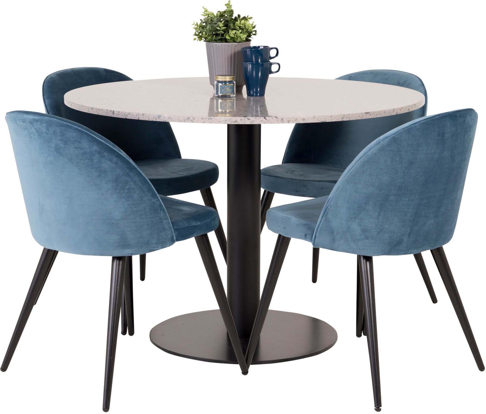 Verleihen Sie Ihrem Esszimmer mit dem Razzia Esszimmerset von Venture Home einen modernen Touch: 106 cm Tisch und 4 stilvolle Velvet-Stühle für höchsten Komfort.