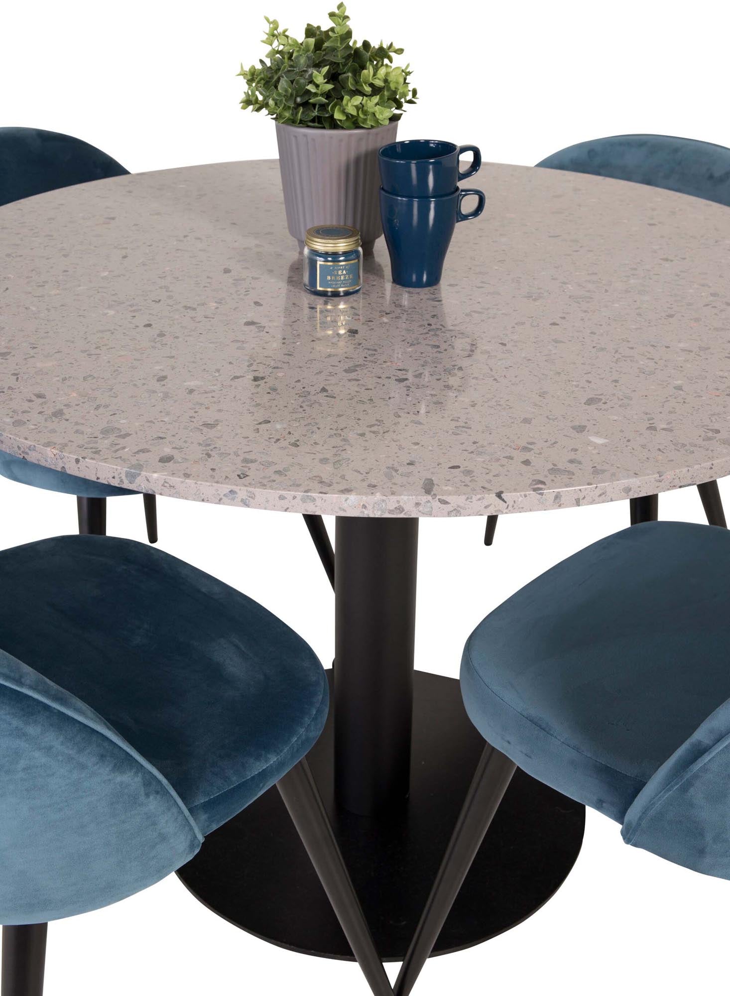 Verleihen Sie Ihrem Esszimmer mit dem Razzia Esszimmerset von Venture Home einen modernen Touch: stilvoller 106 cm Tisch und 4 bequeme Velvet-Stühle für unvergessliche Abende.