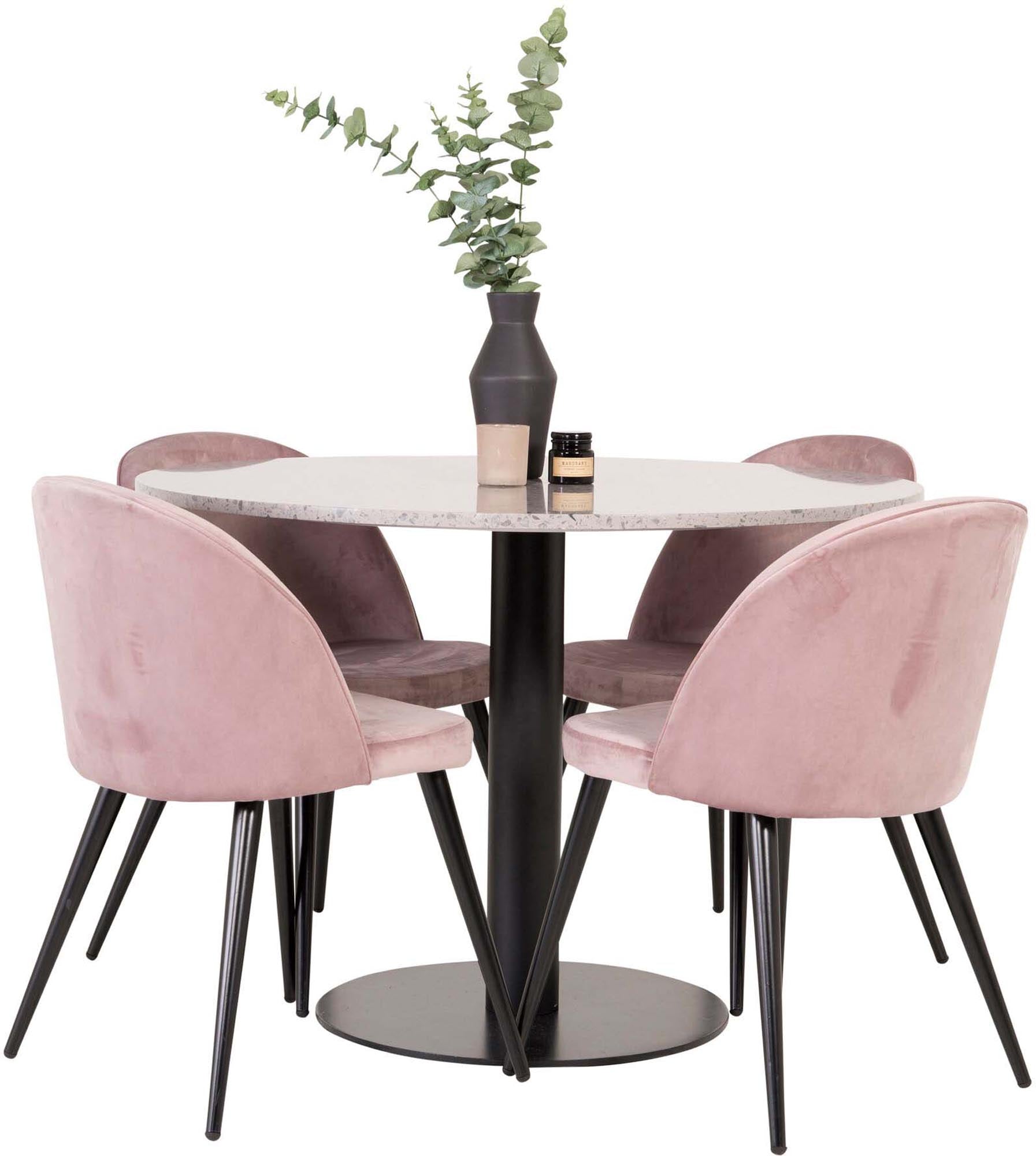 Entdecken Sie das Razzia Esszimmerset von Venture Home: Ein stilvoller Tisch (106 cm) und 4 elegante Velvet-Stühle für ein modernes Esszimmer.