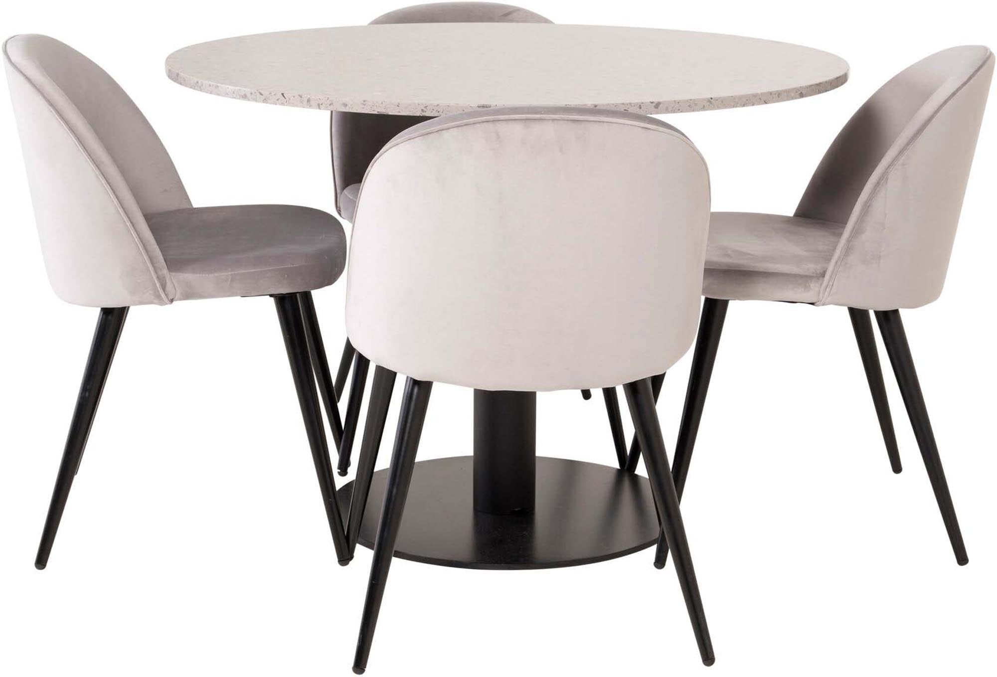 Entdecken Sie das Razzia Esszimmerset von Venture Home: Eleganter 106 cm Tisch und 4 stilvolle Velvet-Stühle für Komfort und modernes Design.