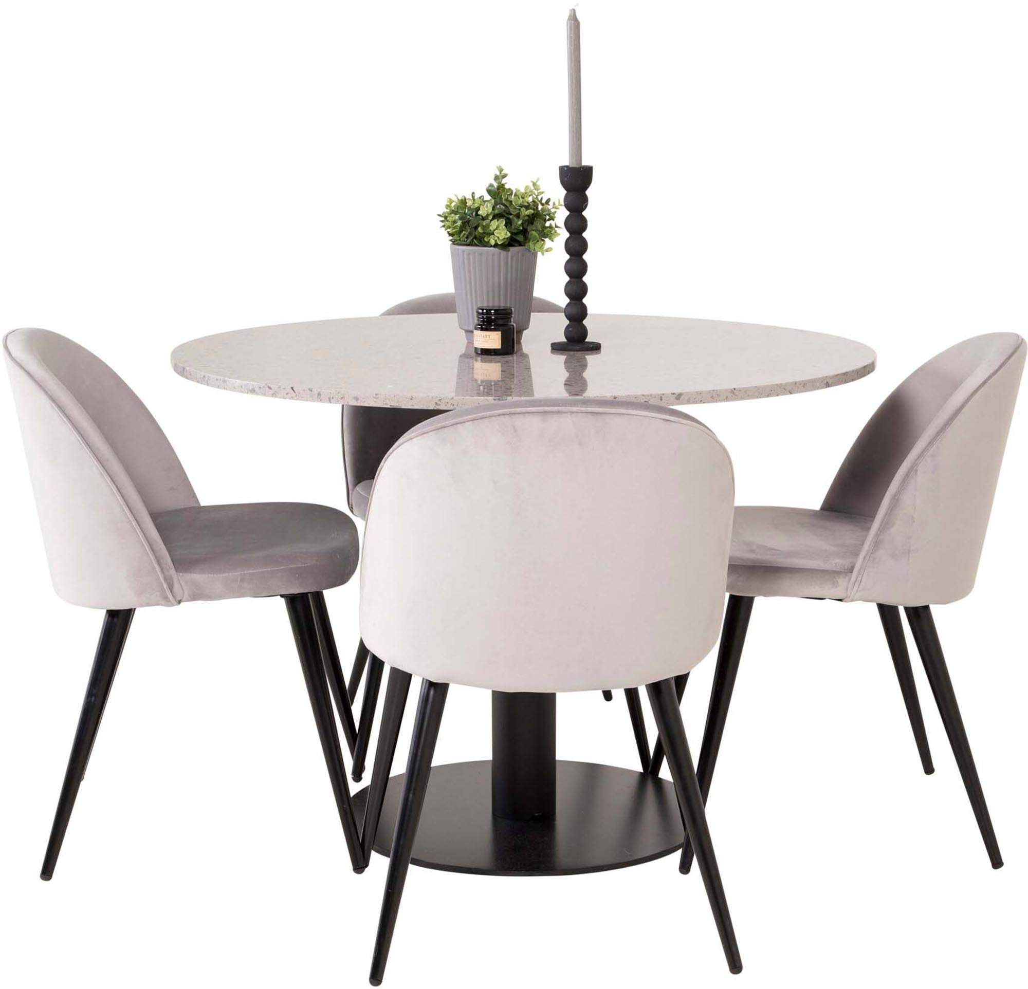 Modernes Razzia Esszimmerset von Venture Home: Stilvoller 106 cm Tisch mit 4 bequemen Velvet-Stühlen für unvergessliche Essmomente.