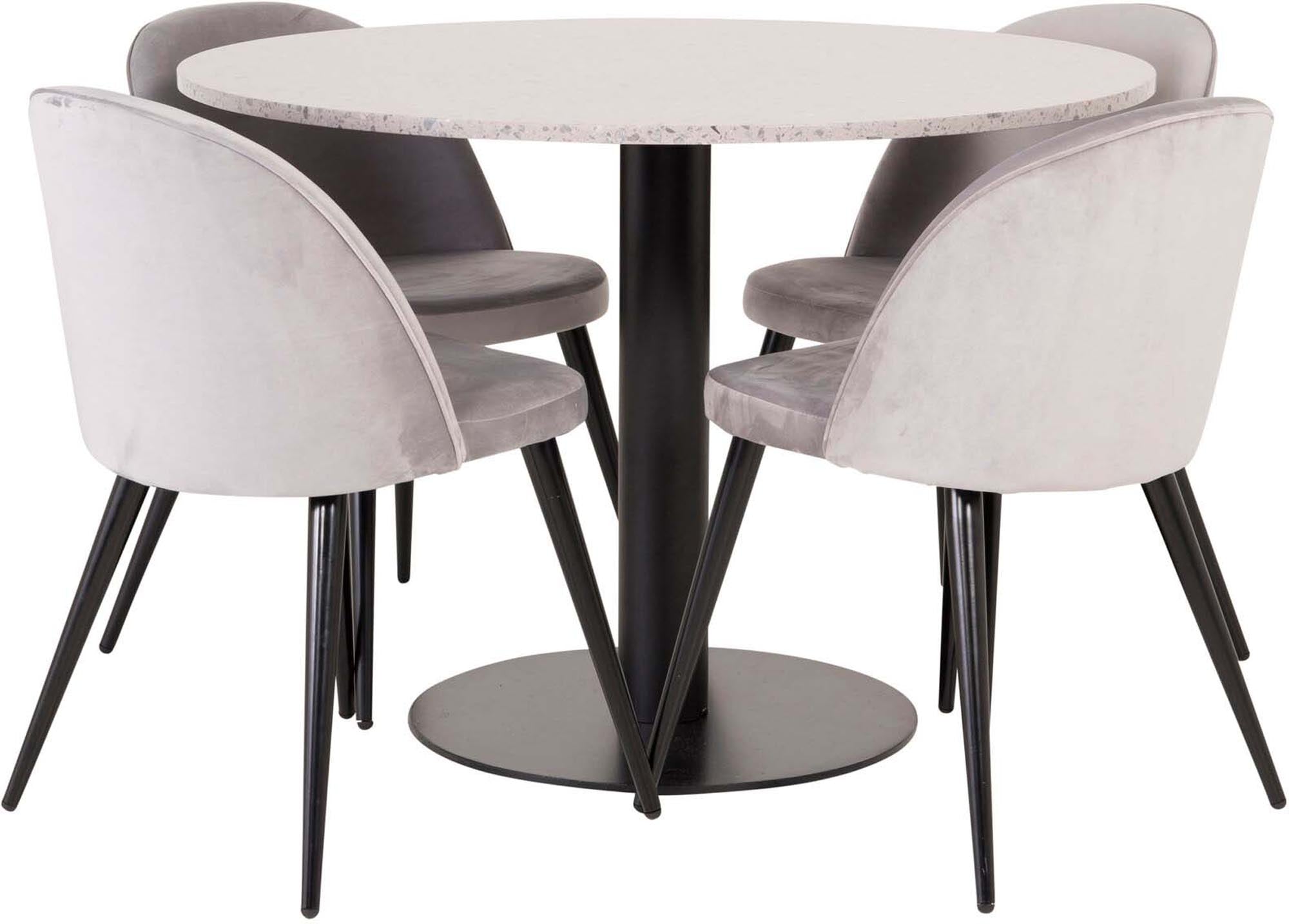 Entdecken Sie das Razzia Esszimmerset von Venture Home: Eleganter 106 cm Tisch und 4 stilvolle Velvet-Stühle für Komfort und modernes Design.