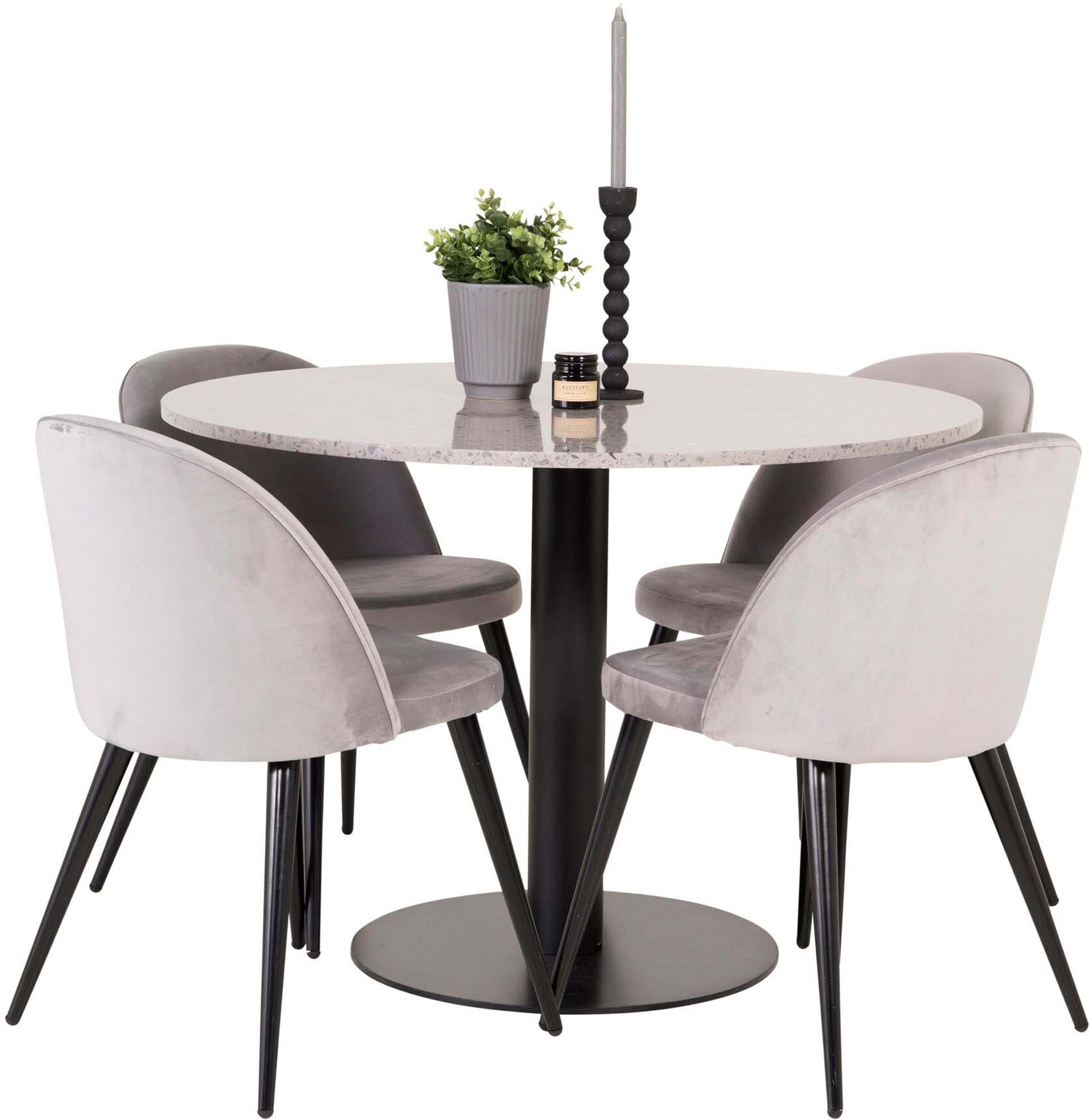 Genießen Sie das Razzia Esszimmerset von Venture Home: Moderner 106 cm Tisch und 4 elegante Velvet-Stühle für stilvolle Essmomente.