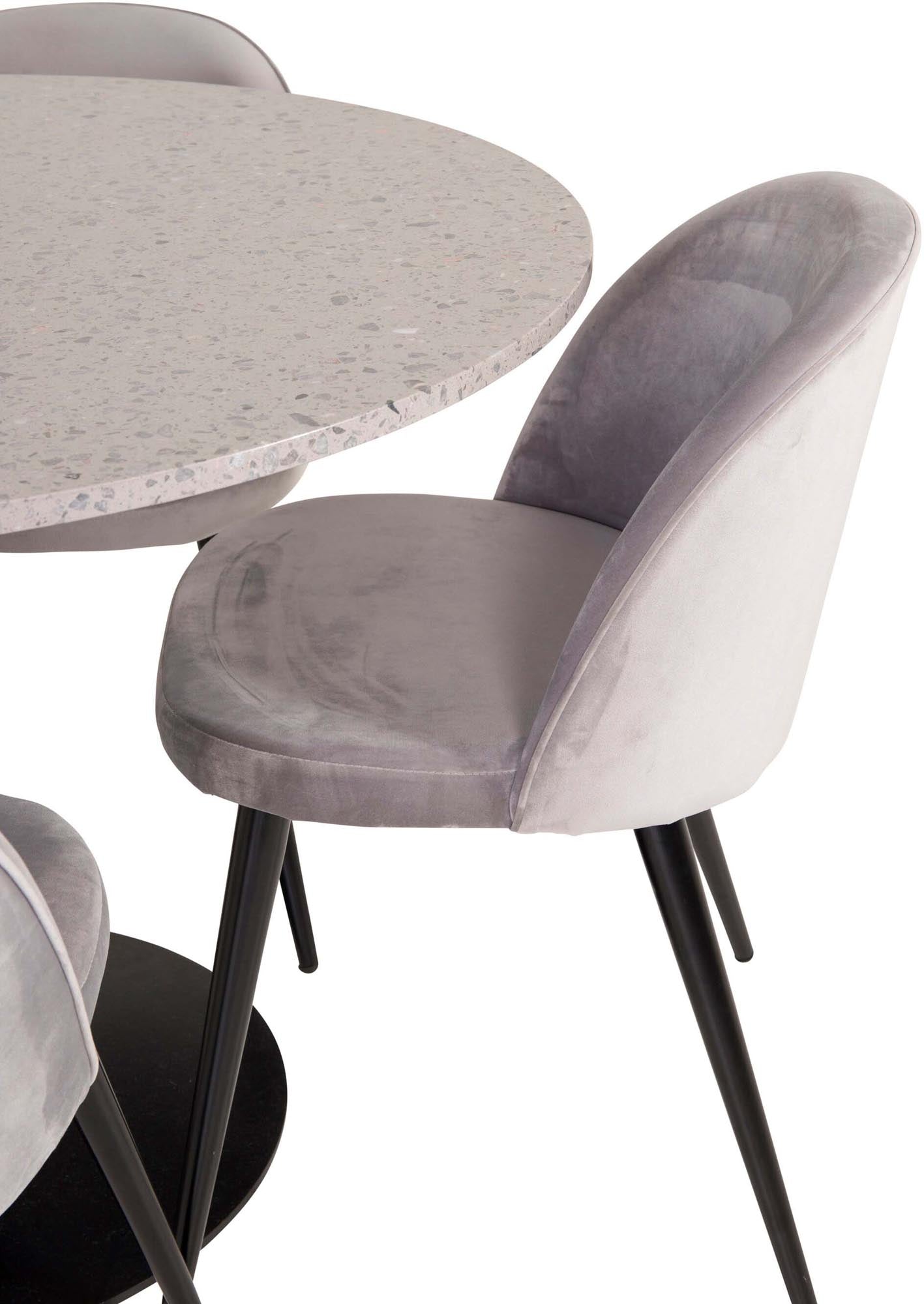 Entdecken Sie das Razzia Esszimmerset von Venture Home: Ein eleganter 106 cm Esstisch und 4 stilvolle Velvet-Stühle für unvergessliche Essensmomente.