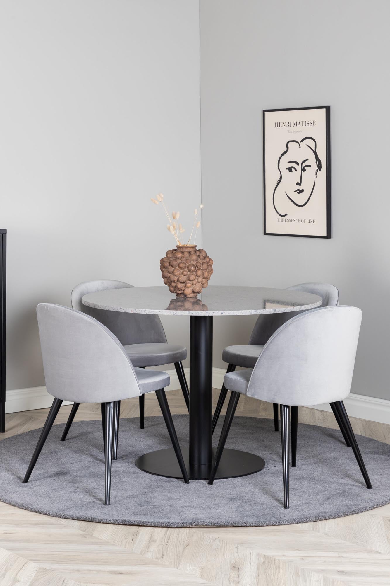 Stilvolles Razzia Esszimmerset: Velvet-Tisch 106cm, 4 Stühle.